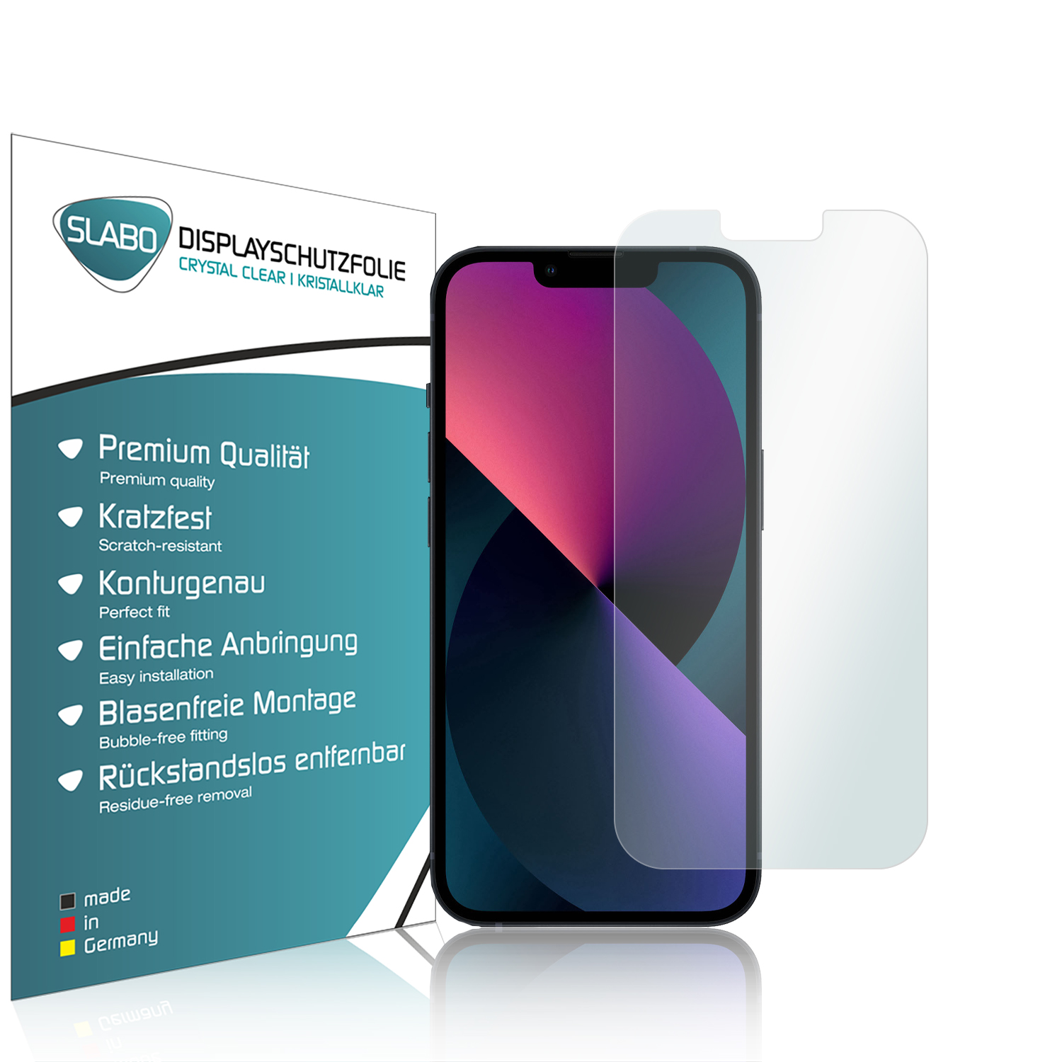 Displayschutzfolien-Box und Schutz auf einem Handy. Klare, weiße und schwarze Farben.