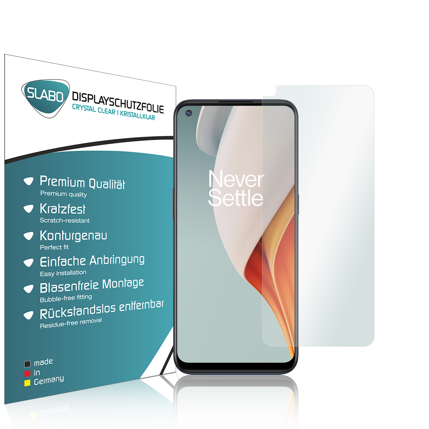Telefon mit Displayschutz. Schutzbox mit Text. Telefon zeigt den Text 'Never Settle'.