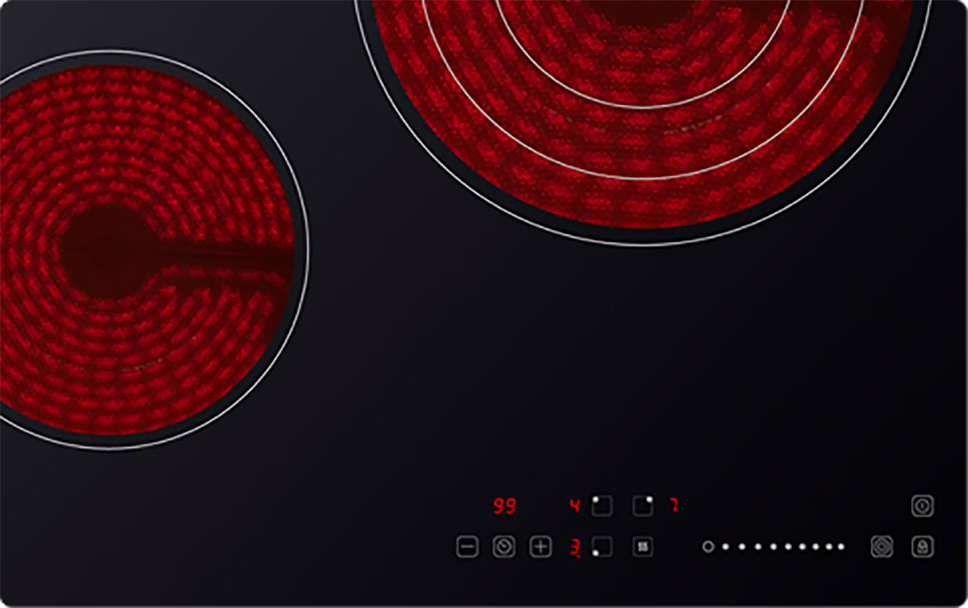 Primer plano de una vitrocerámica negra con dos placas rojas y botones de control.