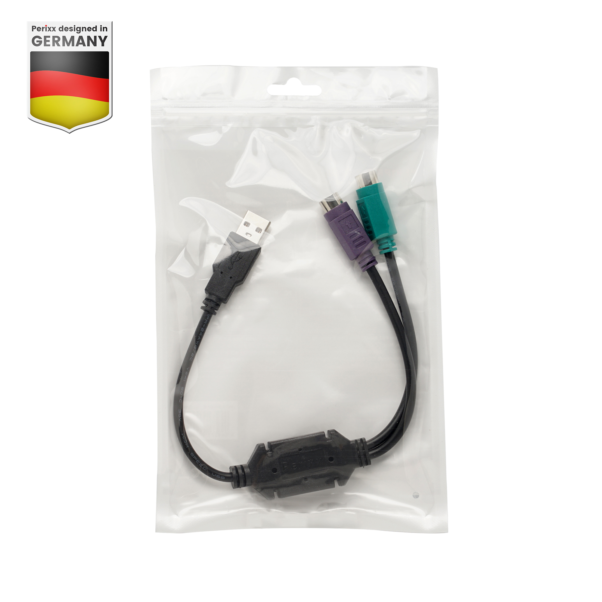 USB-zu-Dual-PS/2-Kabel in einer transparenten Plastiktüte mit einem Logo der deutschen Flagge.