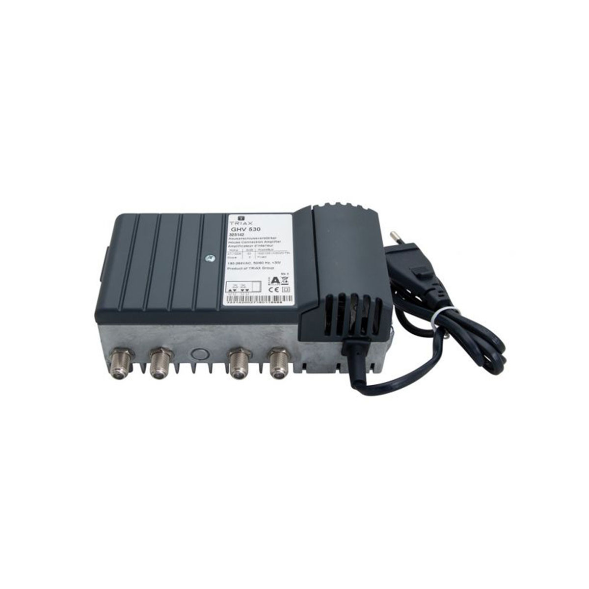 Schwarzes und graues elektronisches Gerät mit mehreren Eingängen und einem Netzkabel. Es hat ein Etikett oben.