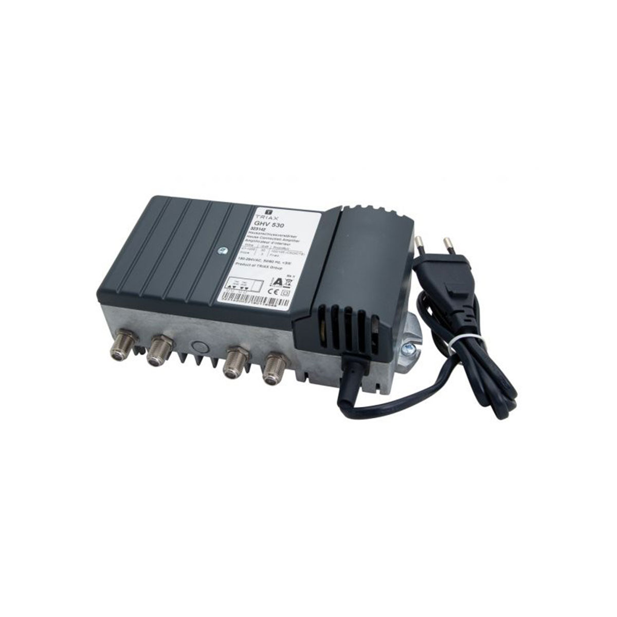 Ein schwarzes und graues elektronisches Gerät mit mehreren Anschlüssen und einem Netzkabel.