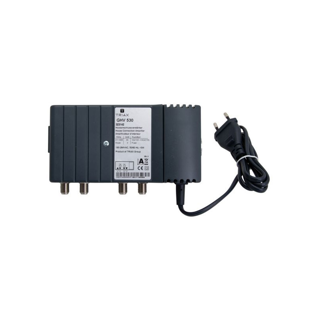 Graues elektronisches Gerät mit Antennen und Netzkabel. Text auf dem Gerät, schwarzes Kabel und Stecker, weißer Hintergrund.