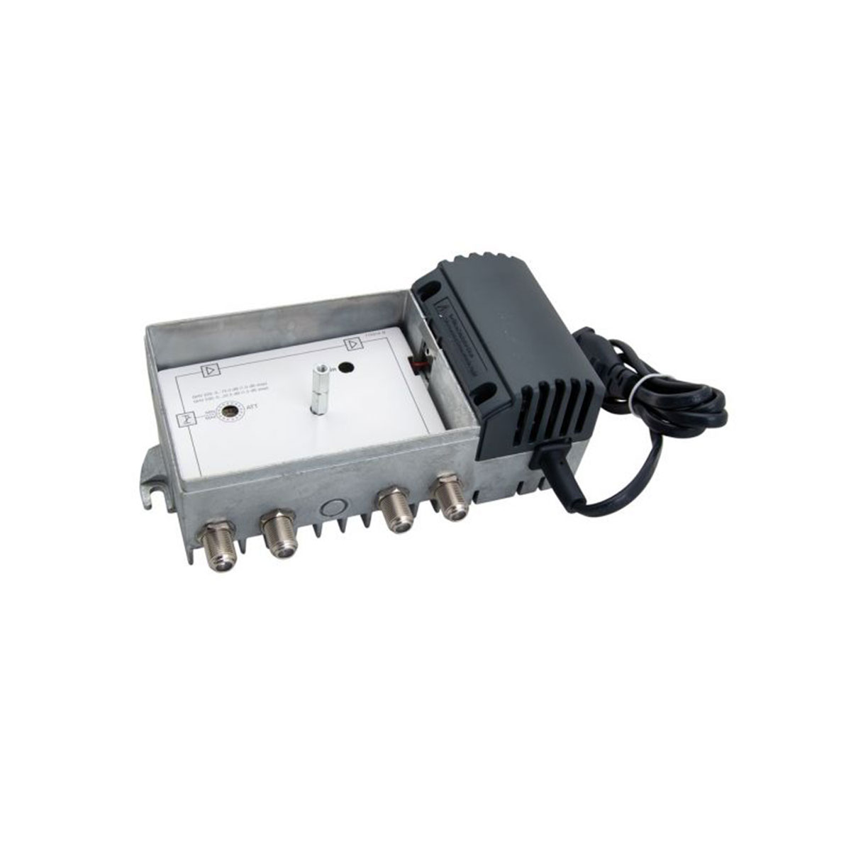 Silberfarbenes elektronisches Gerät mit mehreren Anschlüssen, einem schwarzen Netzteil und einem schwarzen Kabel.