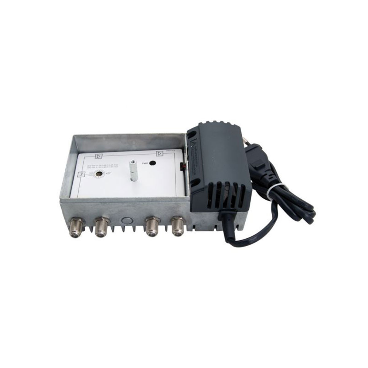 Silberne Box mit elektronischen Komponenten, Drähten und Anschlüssen auf weißer Oberfläche.