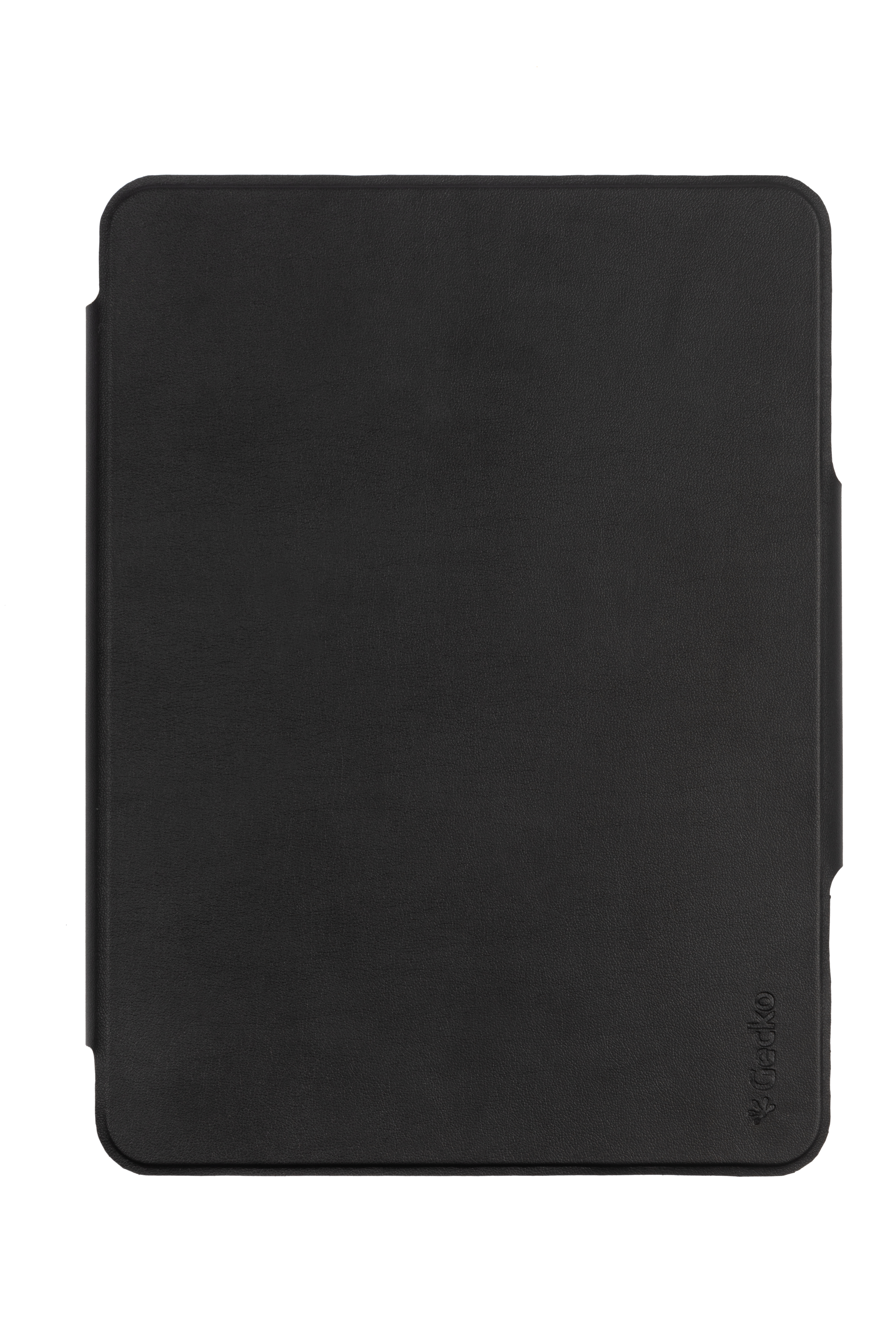 Ein schwarzes Gecko Tablet-Case, geschlossen und von vorne betrachtet, mit Logo unten rechts.