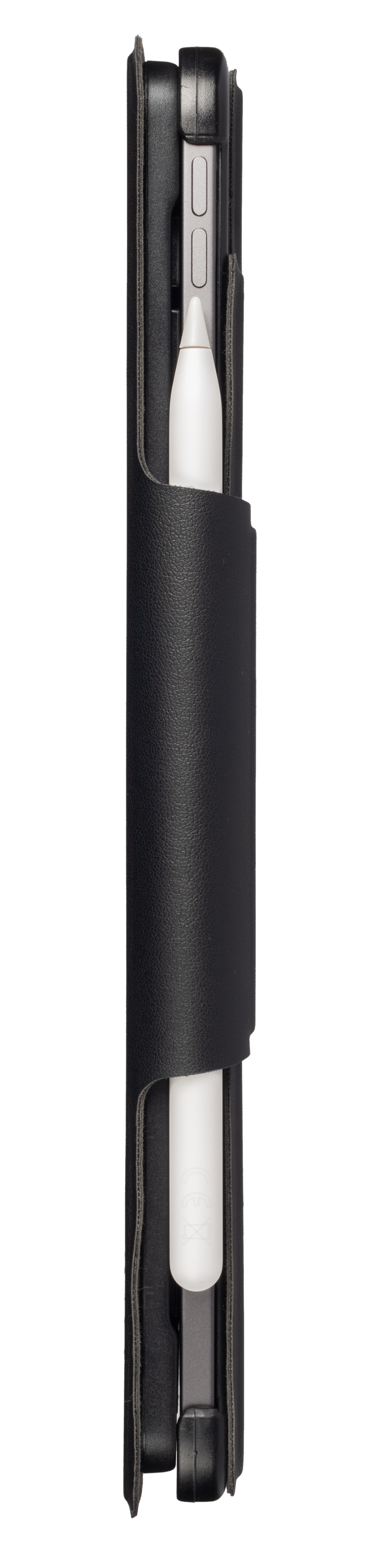 Schwarzes Lederetui mit einem weißen Stift und einem Telefon.