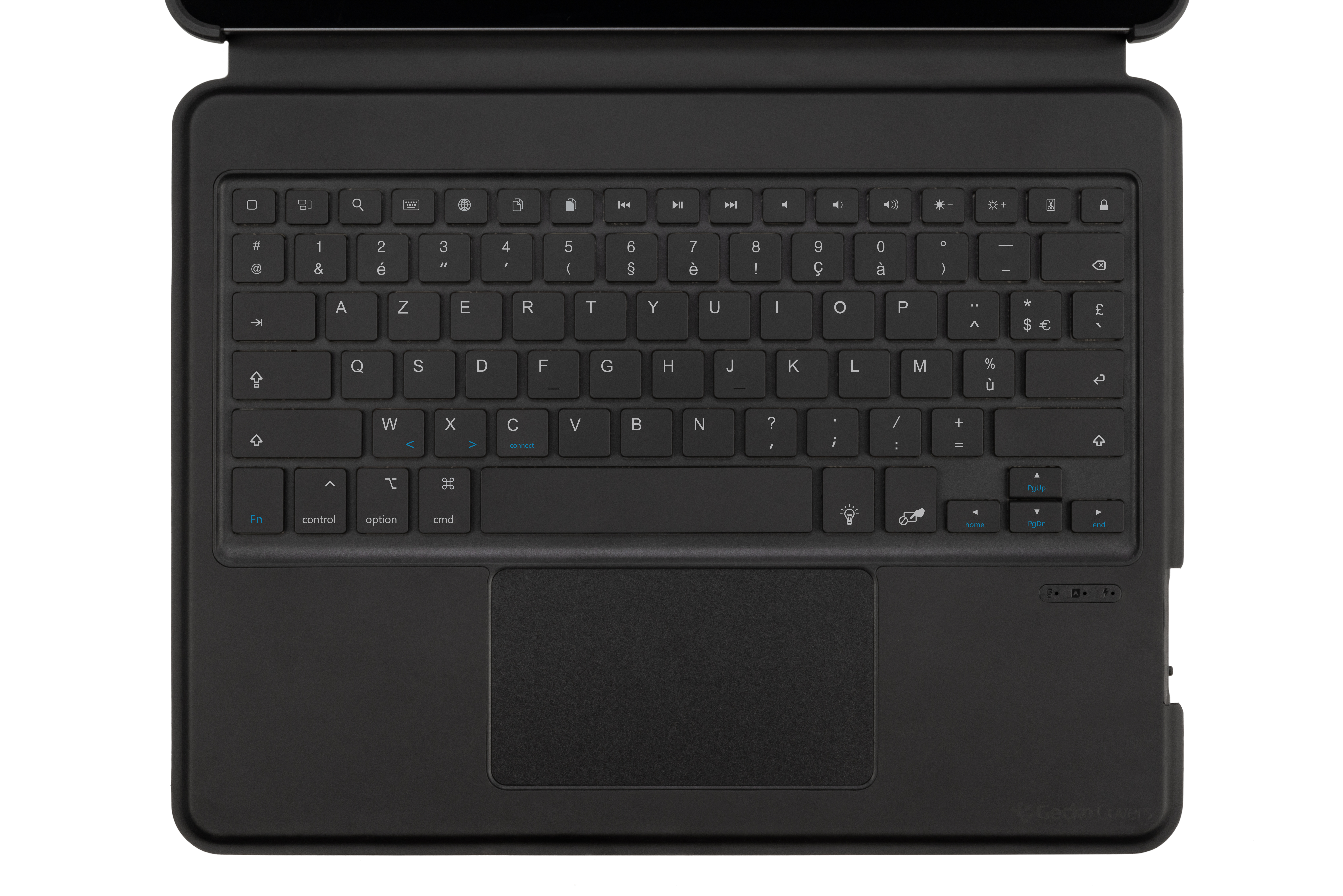 Eine schwarze Tastatur mit Touchpad, von oben betrachtet. Weißer Hintergrund.