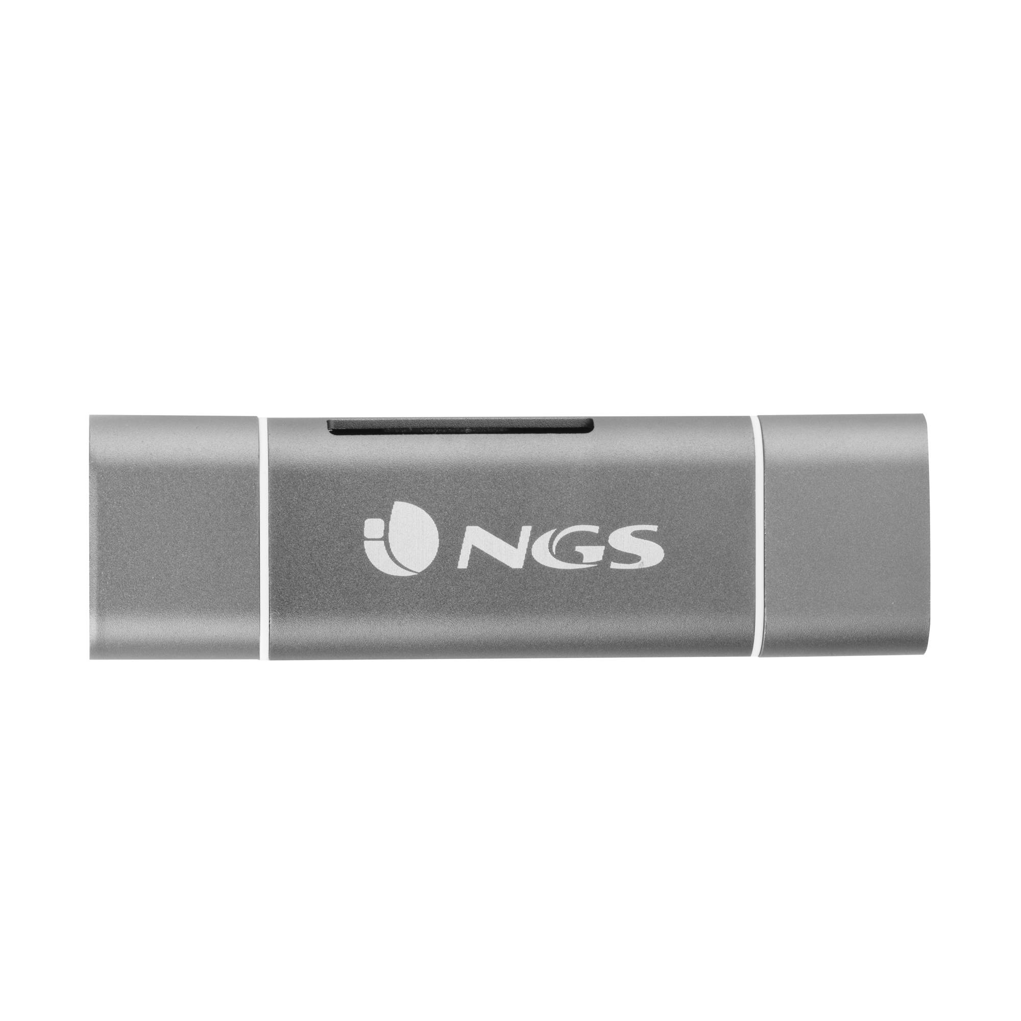 Una unidad USB plateada con el logotipo de NGS.
