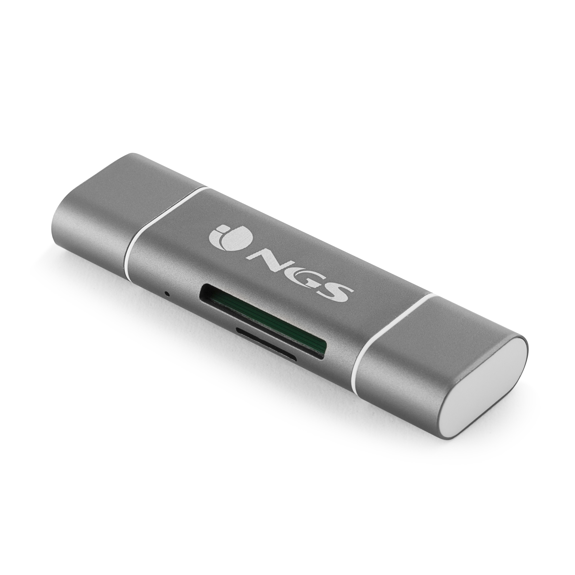 Lector de tarjetas USB-C plateado NGS. Tiene una ranura para tarjeta SD.