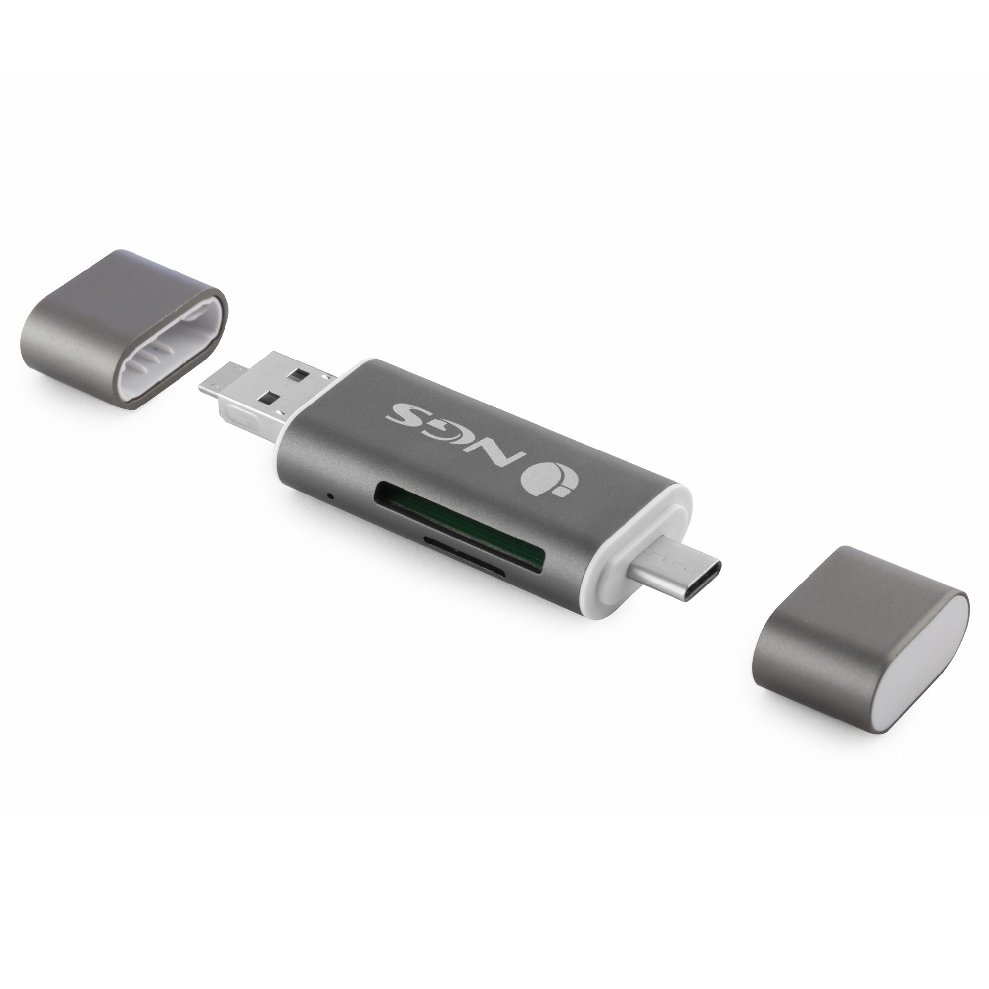 Un lector de tarjetas USB gris con conector USB y dos tapas.