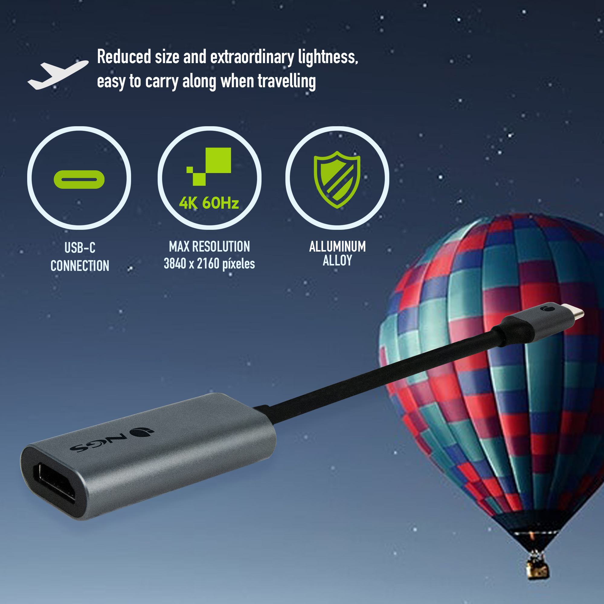 Adaptador USB-C a HDMI gris con texto e iconos contra cielo estrellado y globo aerostático.