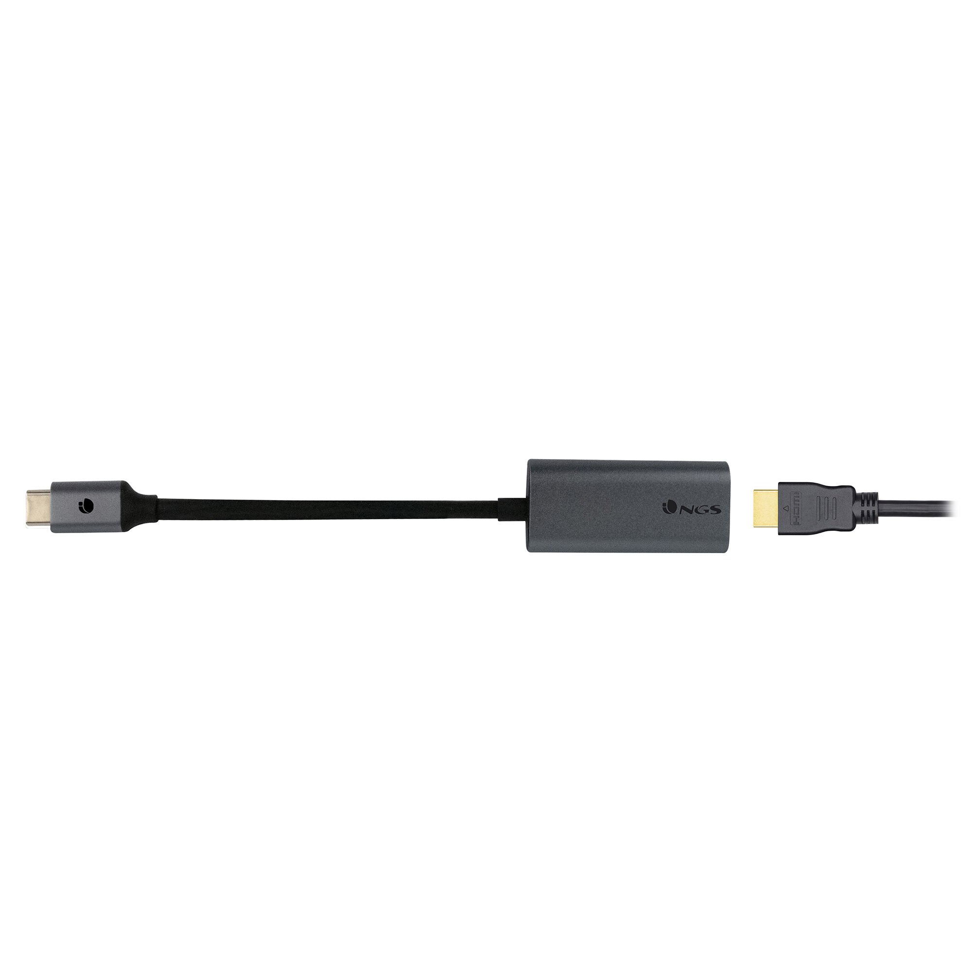 Cable adaptador HDMI a USB-C. Un extremo es USB-C, el otro HDMI. Colores gris y negro.