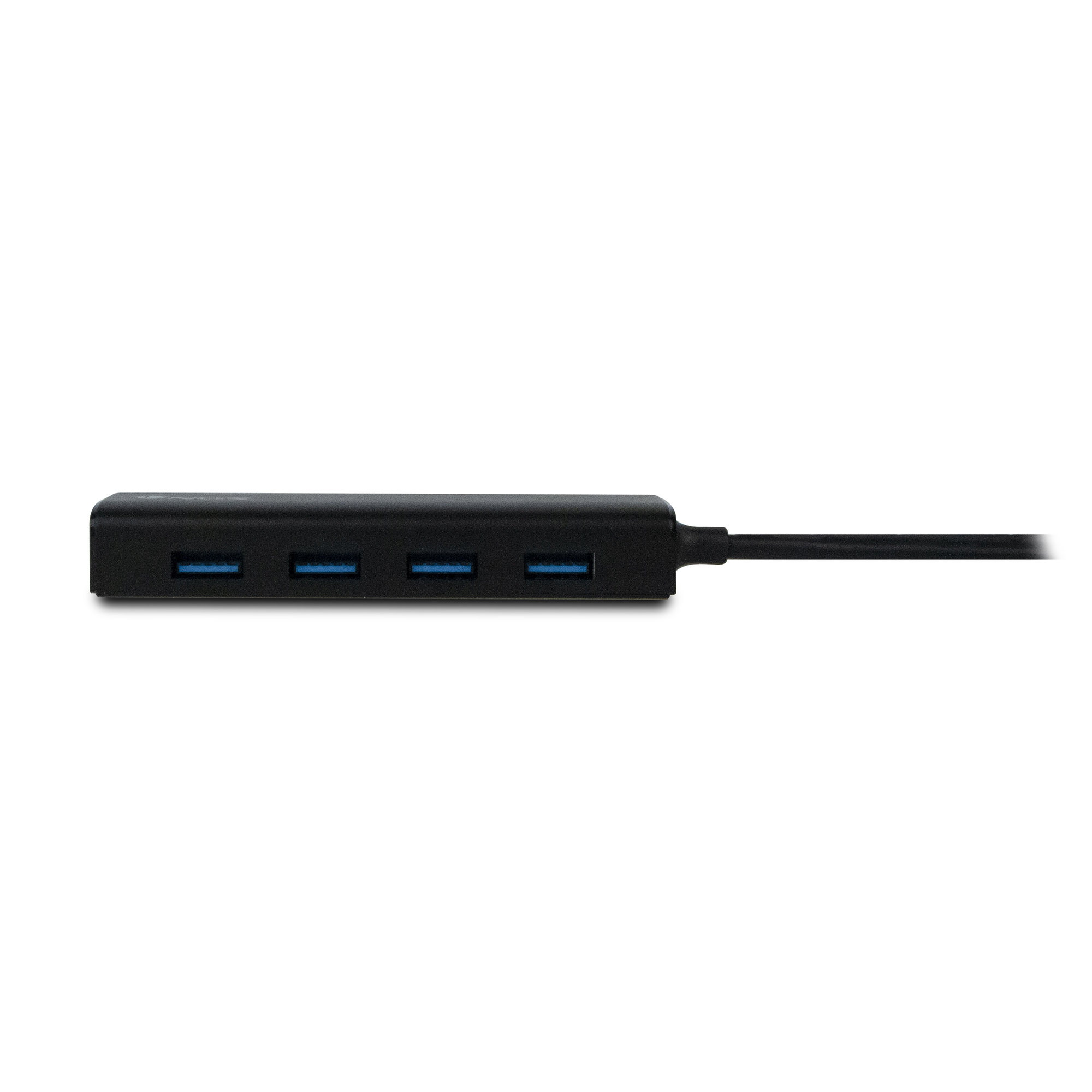 Concentrador USB negro con cuatro puertos USB azules. Sobre una superficie blanca.