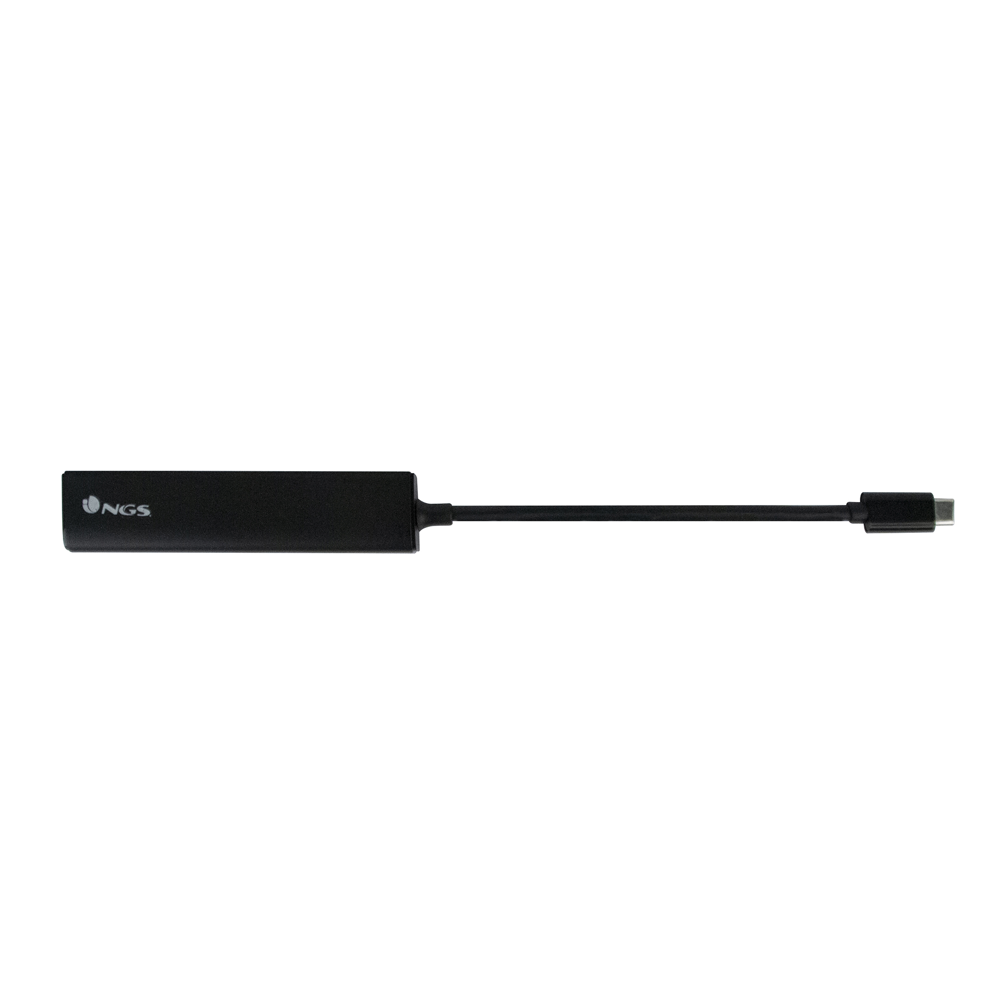 Un adaptador NGS negro con un conector USB-C, aislado sobre un fondo blanco.