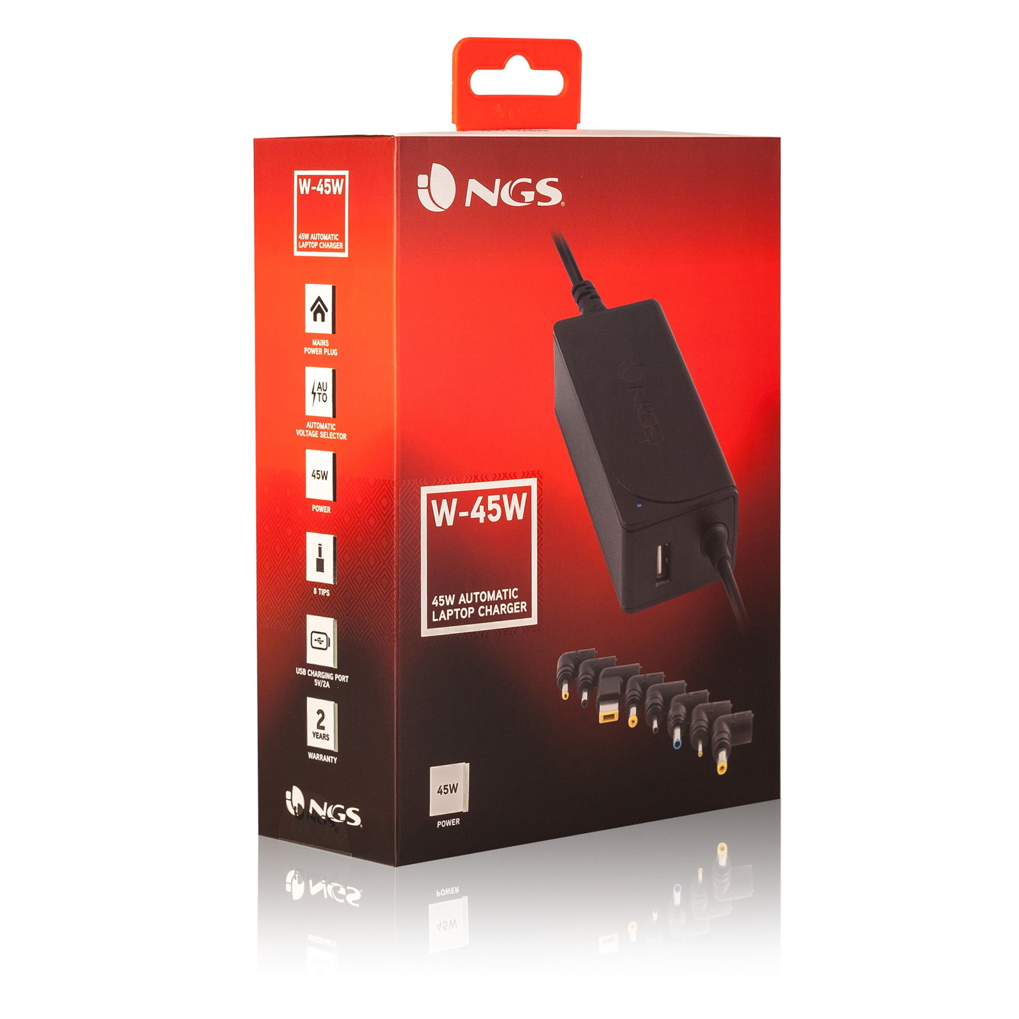 Una caja roja y negra con un adaptador de CA y varias puntas de adaptador dentro.