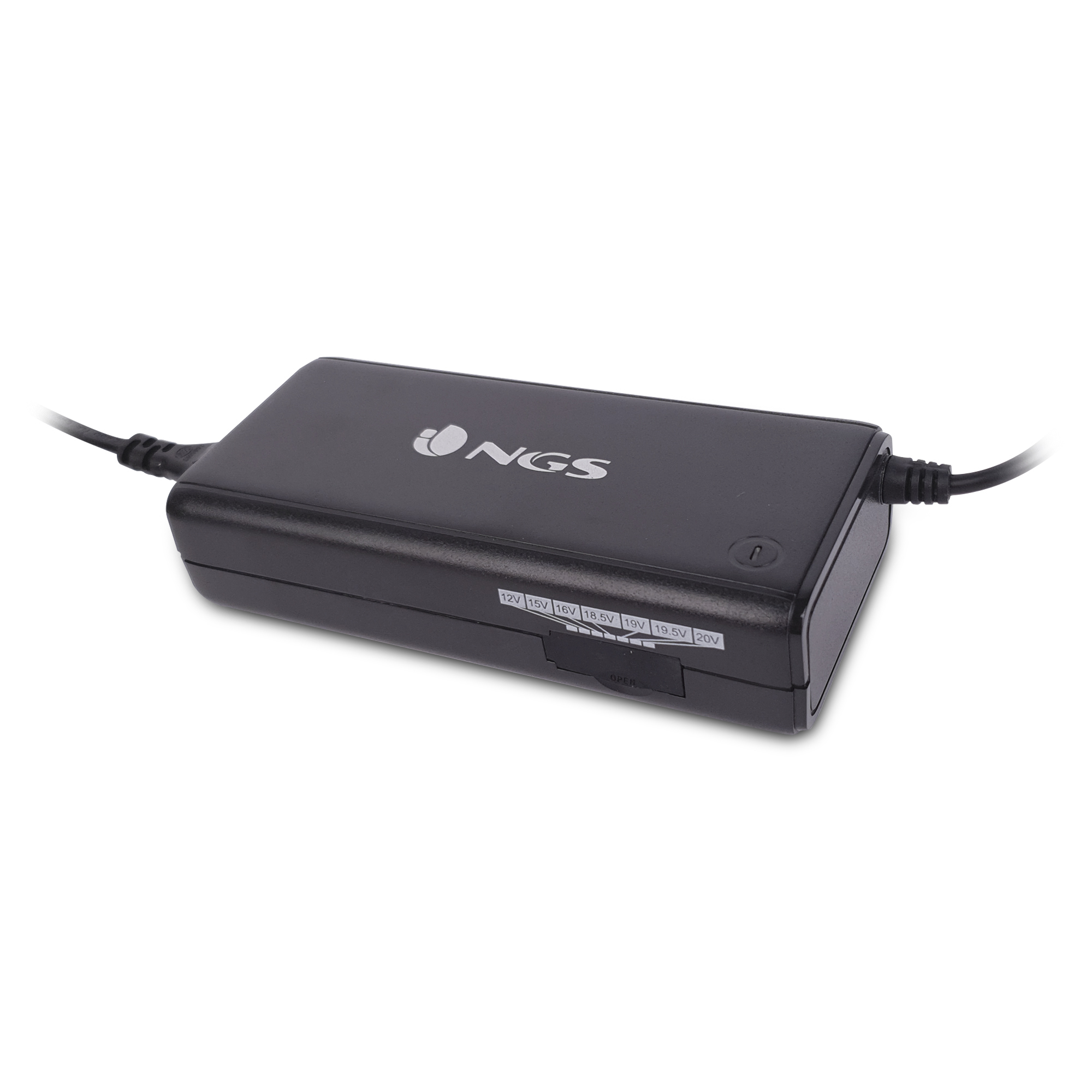 Adaptador de corriente NGS negro con ajustes de voltaje: 12V, 16V, 18.5V, 19V, 20V.