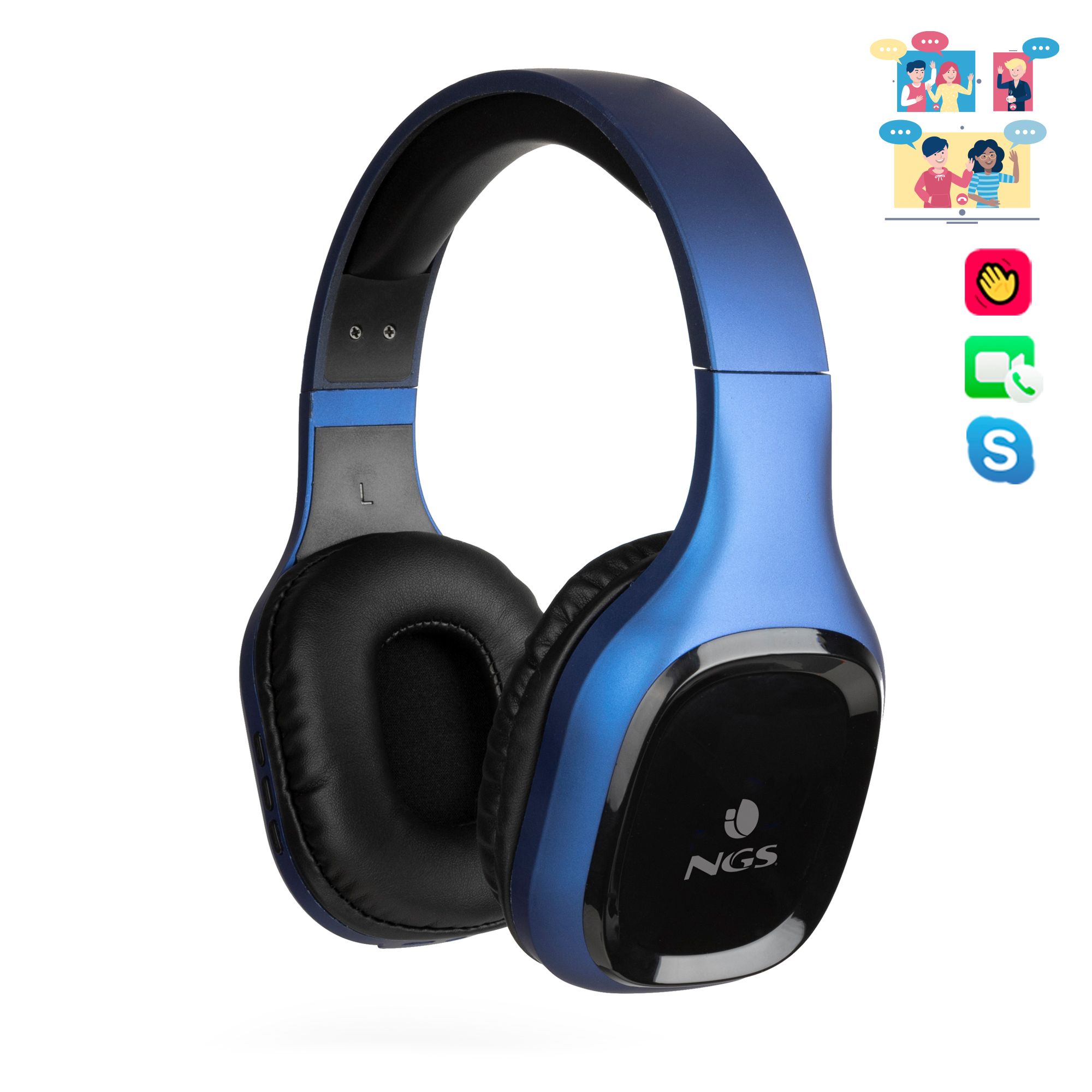 Cuffie blu con padiglioni neri. Icone per videochiamate nell'angolo.