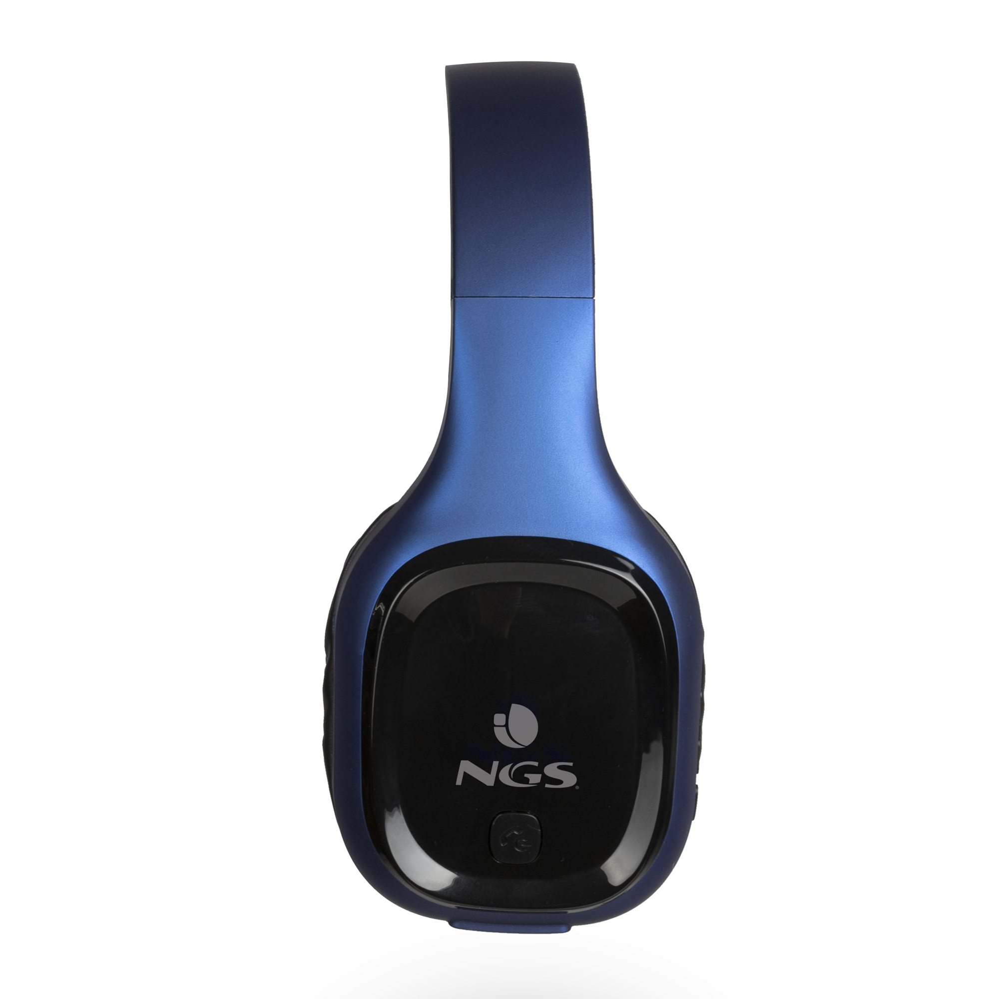 Cuffie blu con padiglioni neri, logo e archetto.