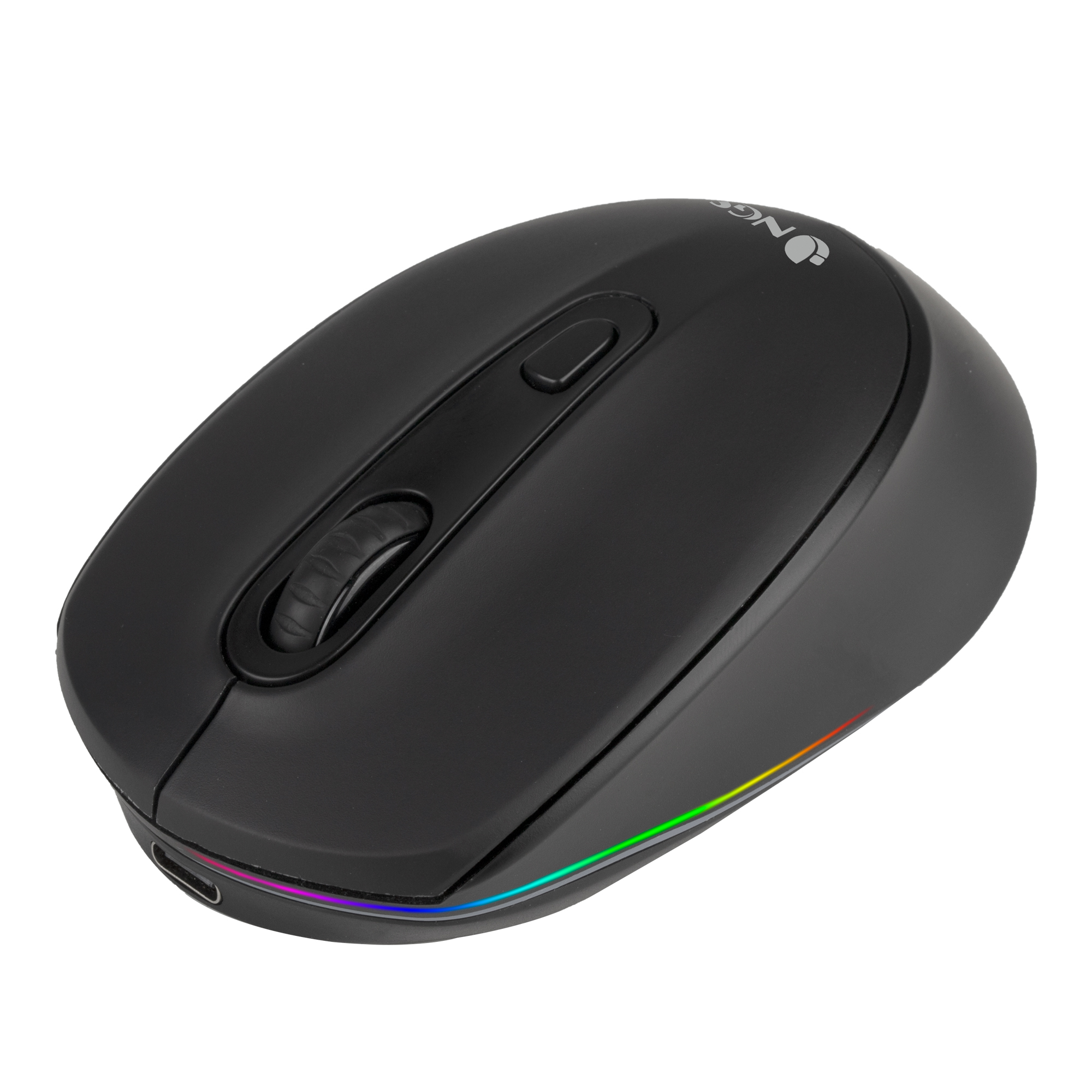 Zwarte draadloze muis met scrollwiel en RGB-verlichting op witte achtergrond.