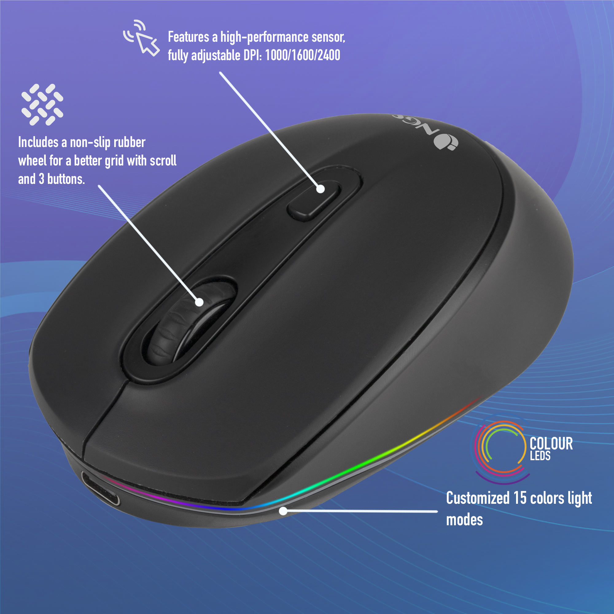 Zwarte computermuis met LED-verlichting, scrollwiel en drie knoppen, tekstbeschrijvingen.