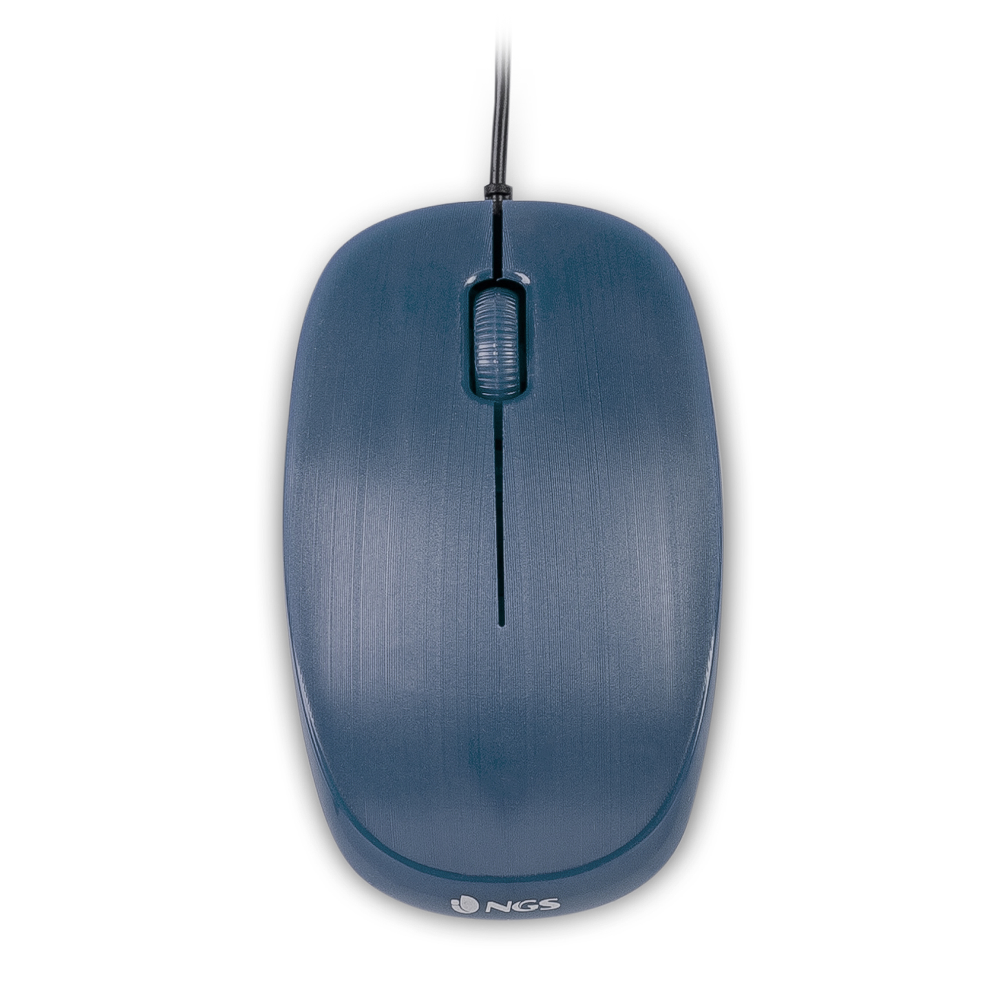 Souris d'ordinateur bleue sur fond blanc. Comporte une molette et le logo NGS.