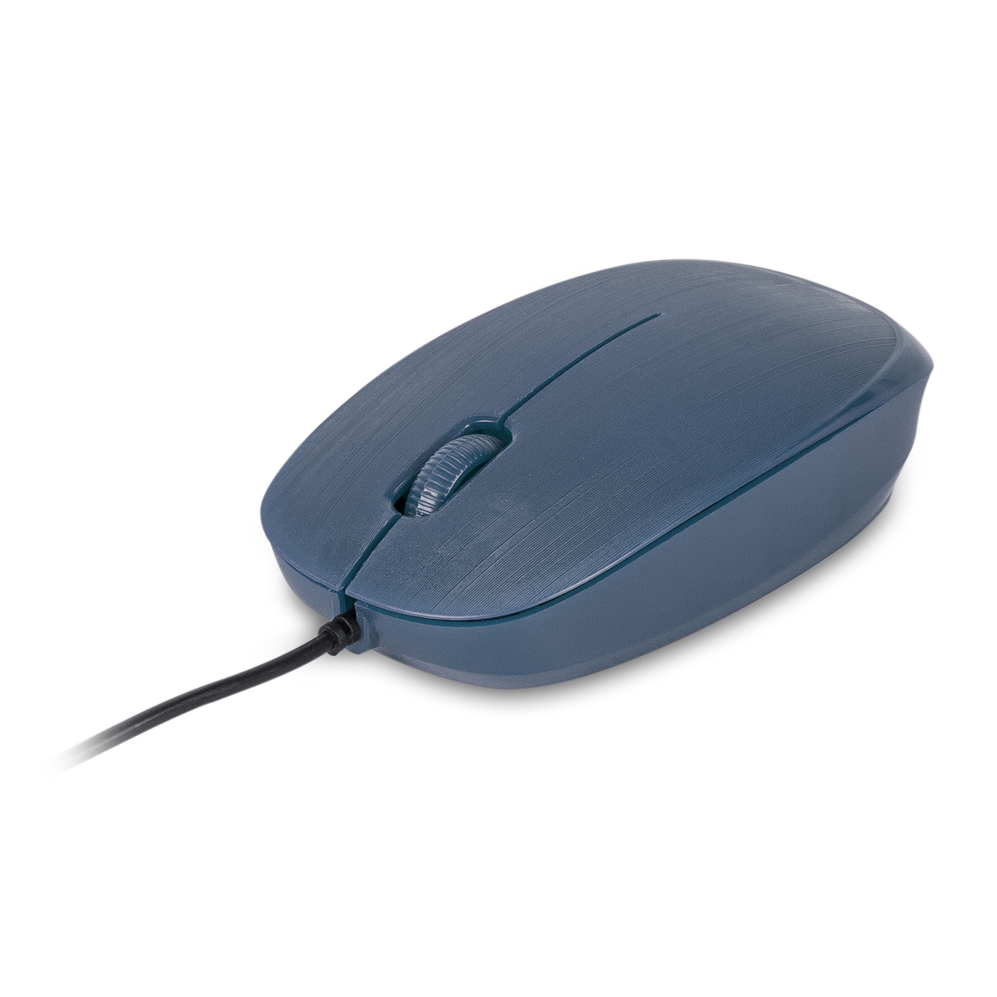 Souris d'ordinateur bleue avec une molette de défilement et un câble noir, sur une surface blanche.