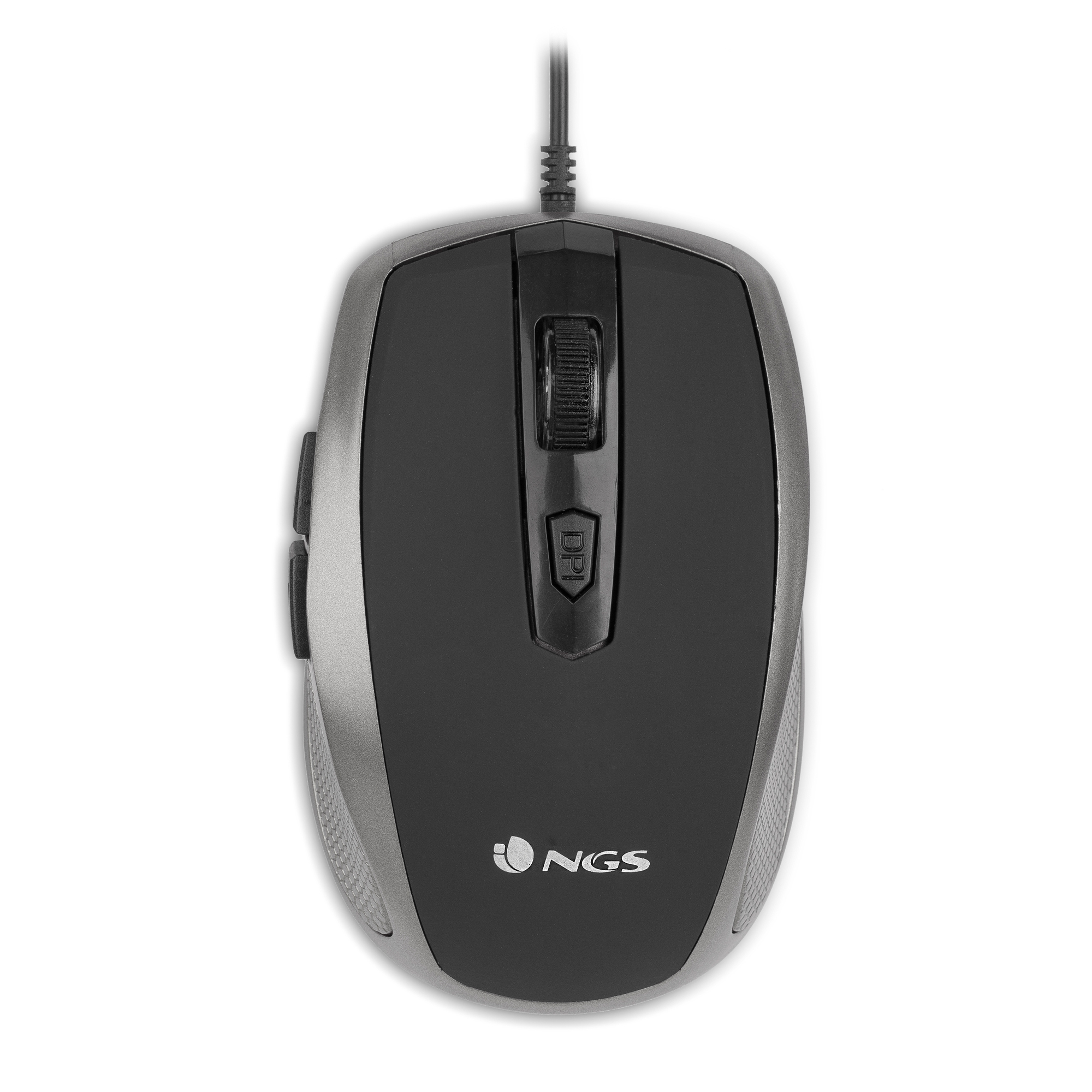 Un mouse per computer NGS nero e grigio con rotella di scorrimento e pulsante DPI.