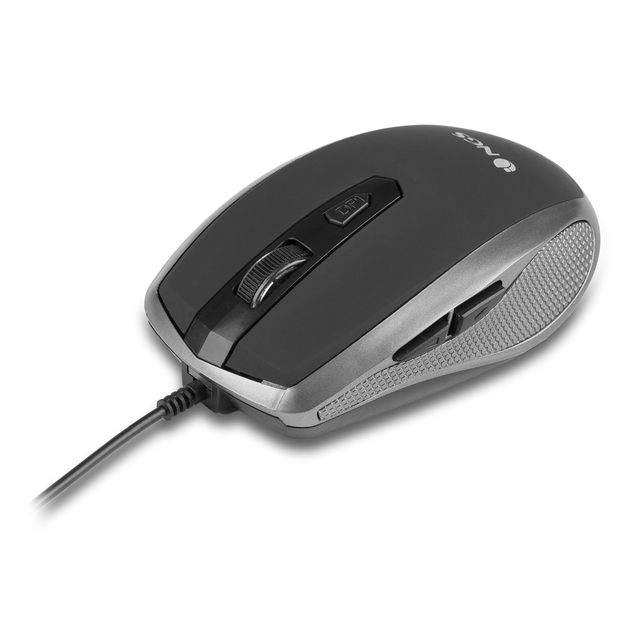 Mouse per computer nero e grigio con rotella di scorrimento e pulsanti laterali su sfondo bianco.