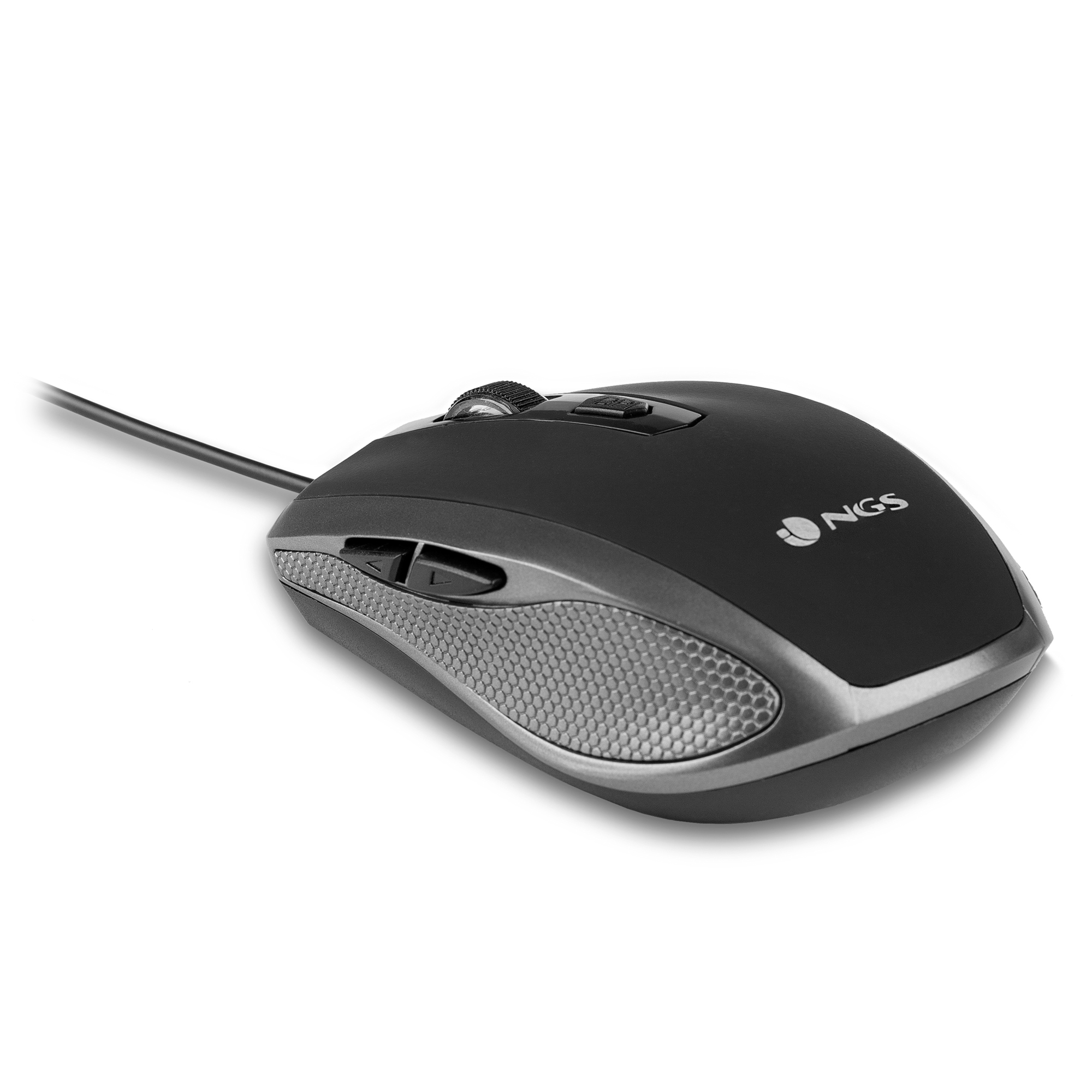 Mouse nero e grigio, logo NGS, su superficie bianca.