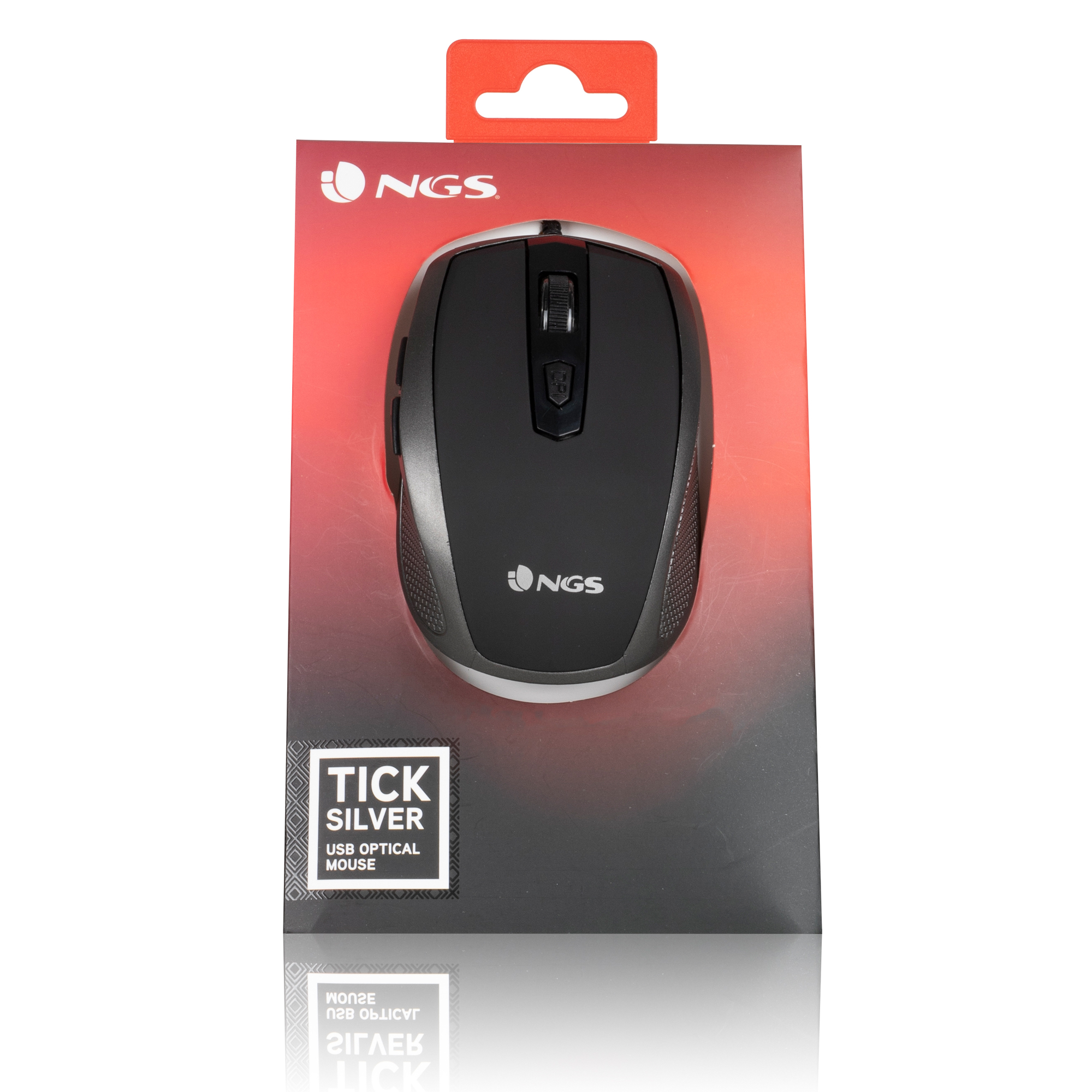 Un mouse nero dentro una scatola rossa e nera. La scatola ha il logo NGS e la parola 'TICK'.