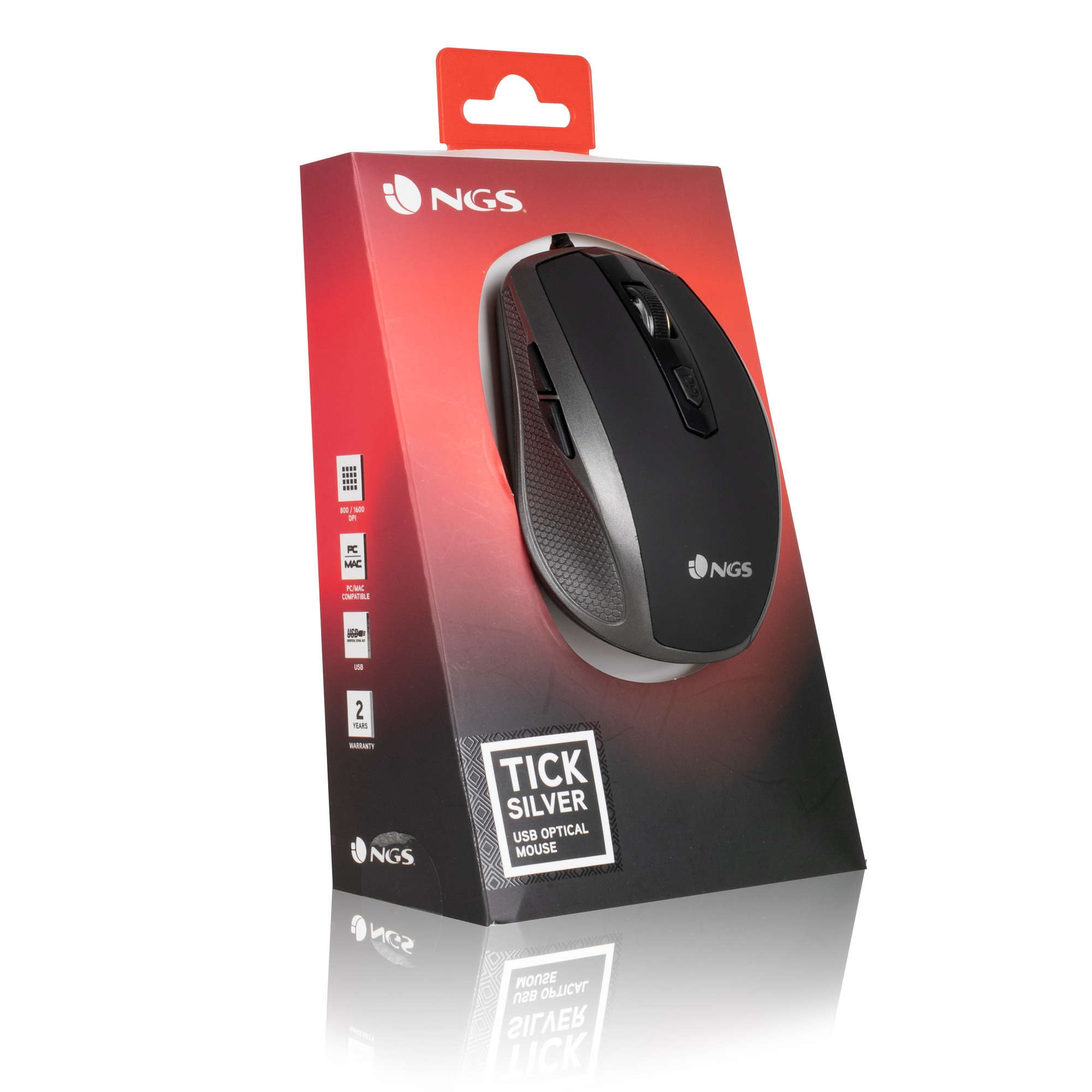 Mouse NGS nero in una scatola. La scatola è rossa e nera con il mouse esposto.