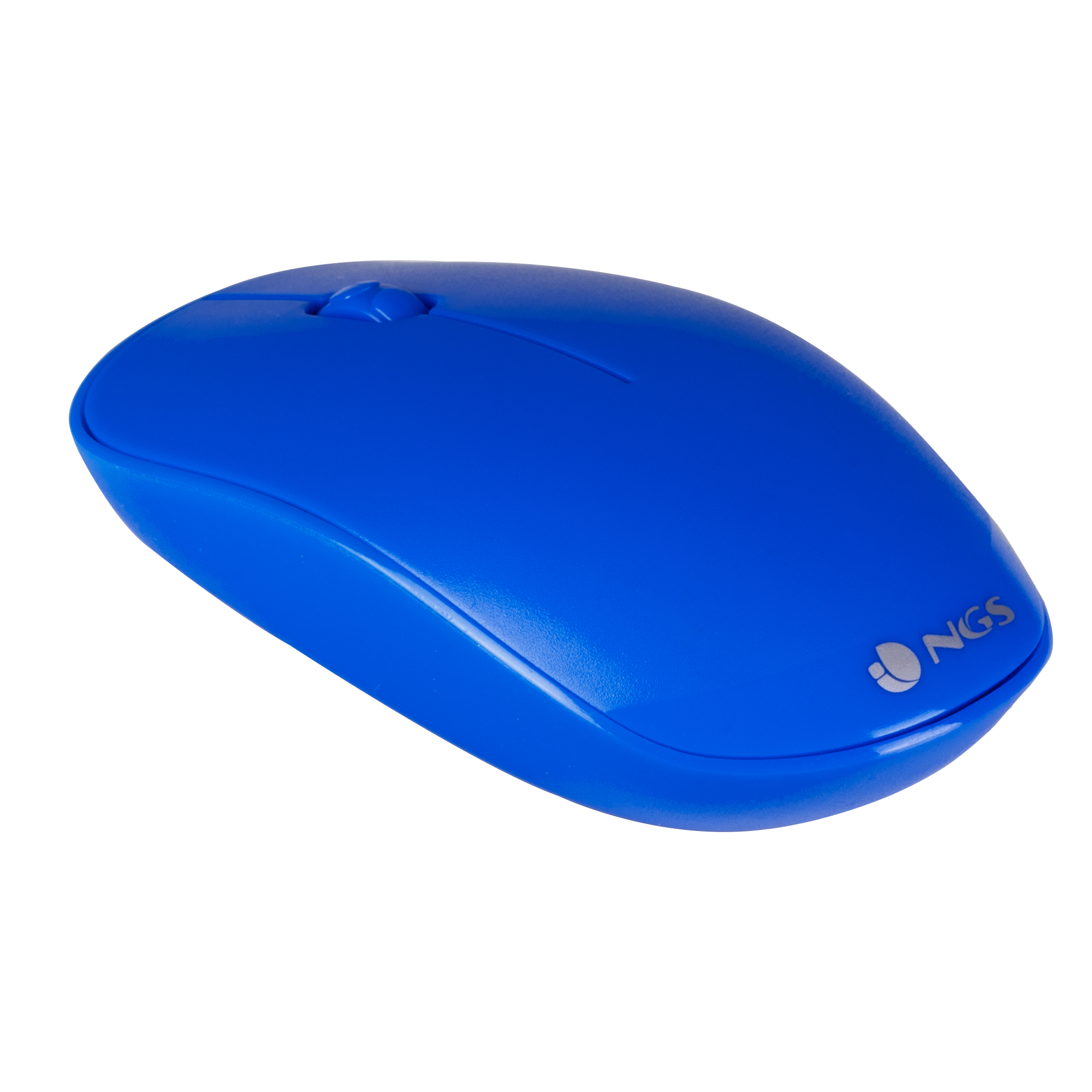 Mouse wireless NGS blu con rotella. Sfondo bianco.