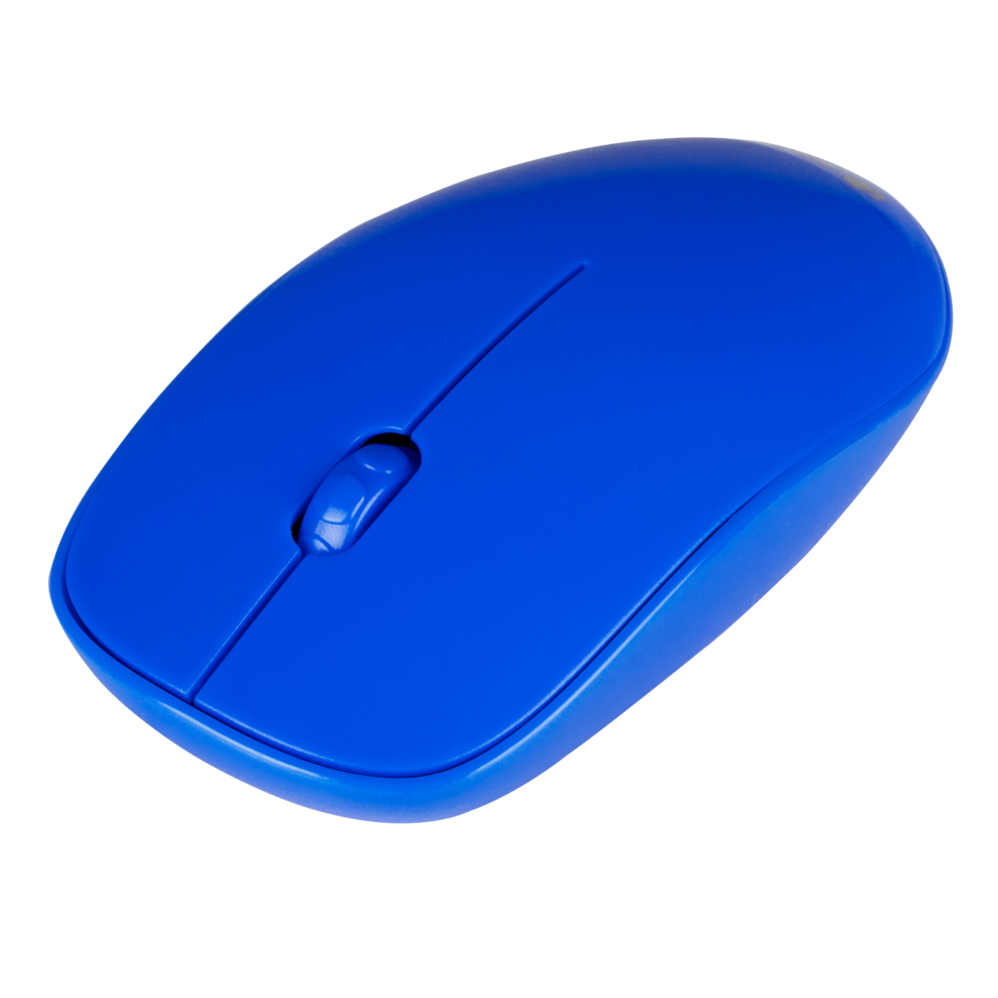Un mouse per computer wireless blu su sfondo bianco. Ha una rotella di scorrimento e un design elegante.