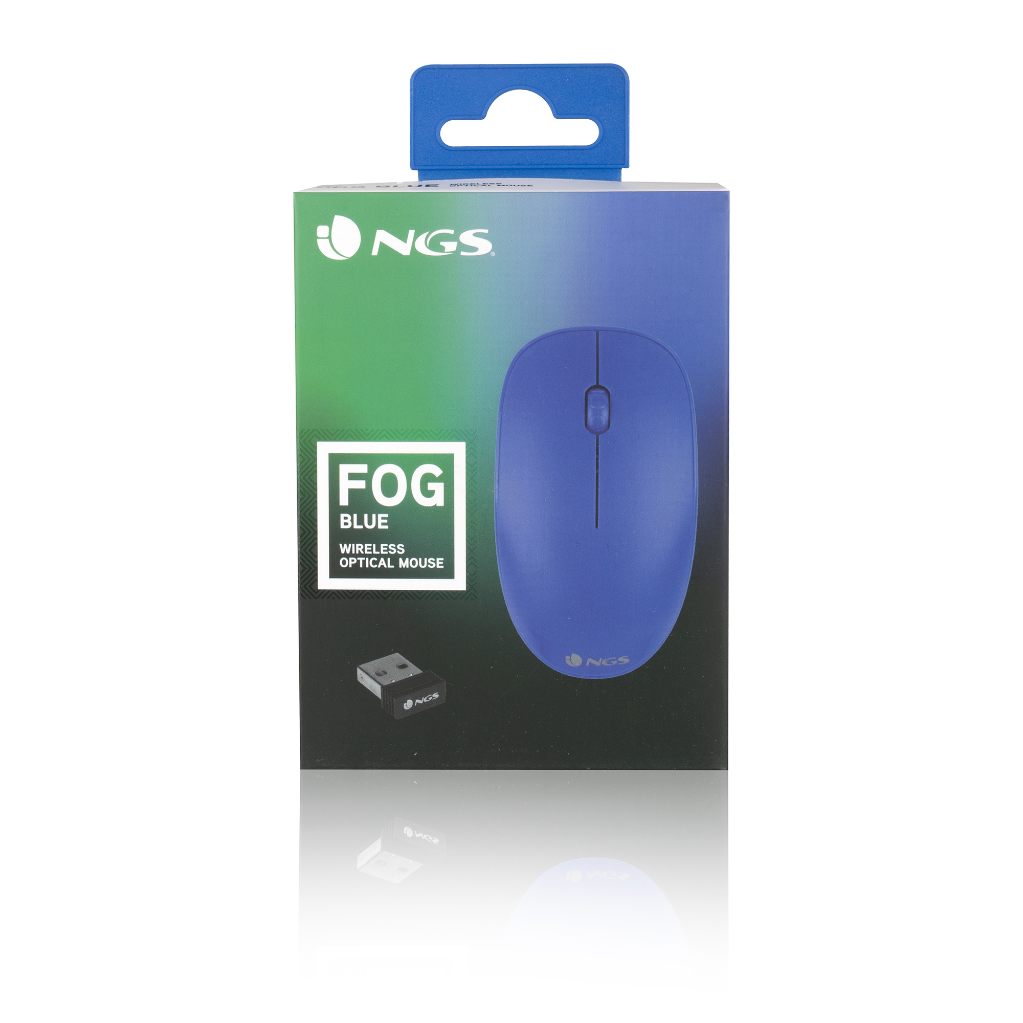 Mouse wireless blu in una scatola blu. La scatola ha il logo e il nome del marchio.