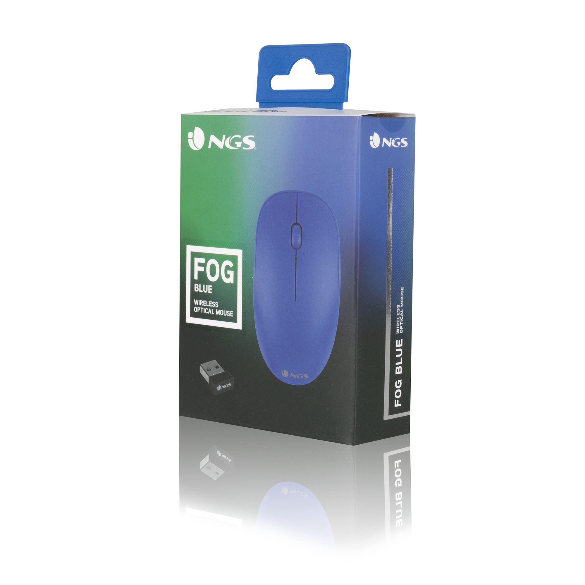 Un mouse blu in una scatola con l'etichetta 'mouse wireless'.