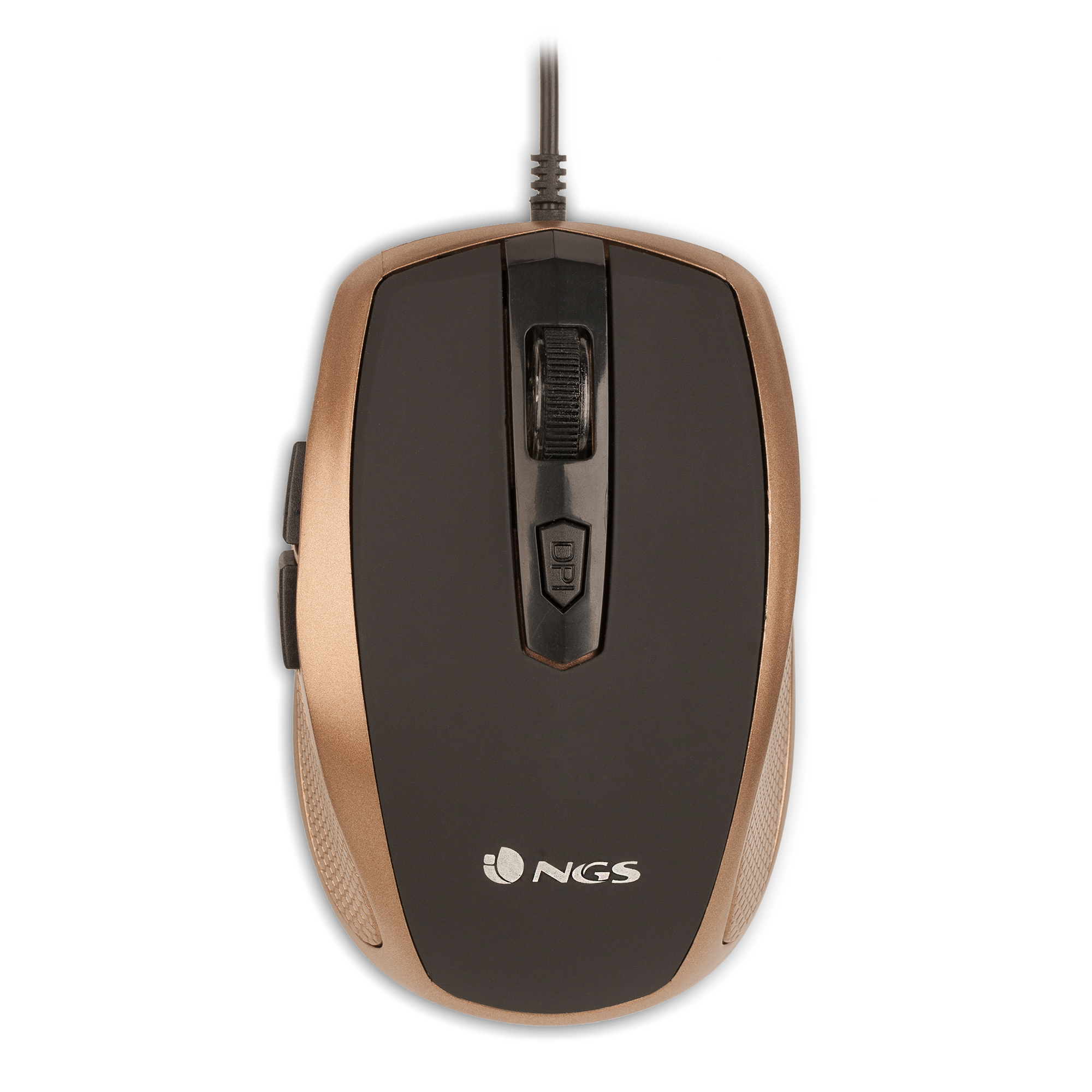 Schwarze und goldene Computermaus mit Tasten und einem Scrollrad. Der Hintergrund ist weiß.