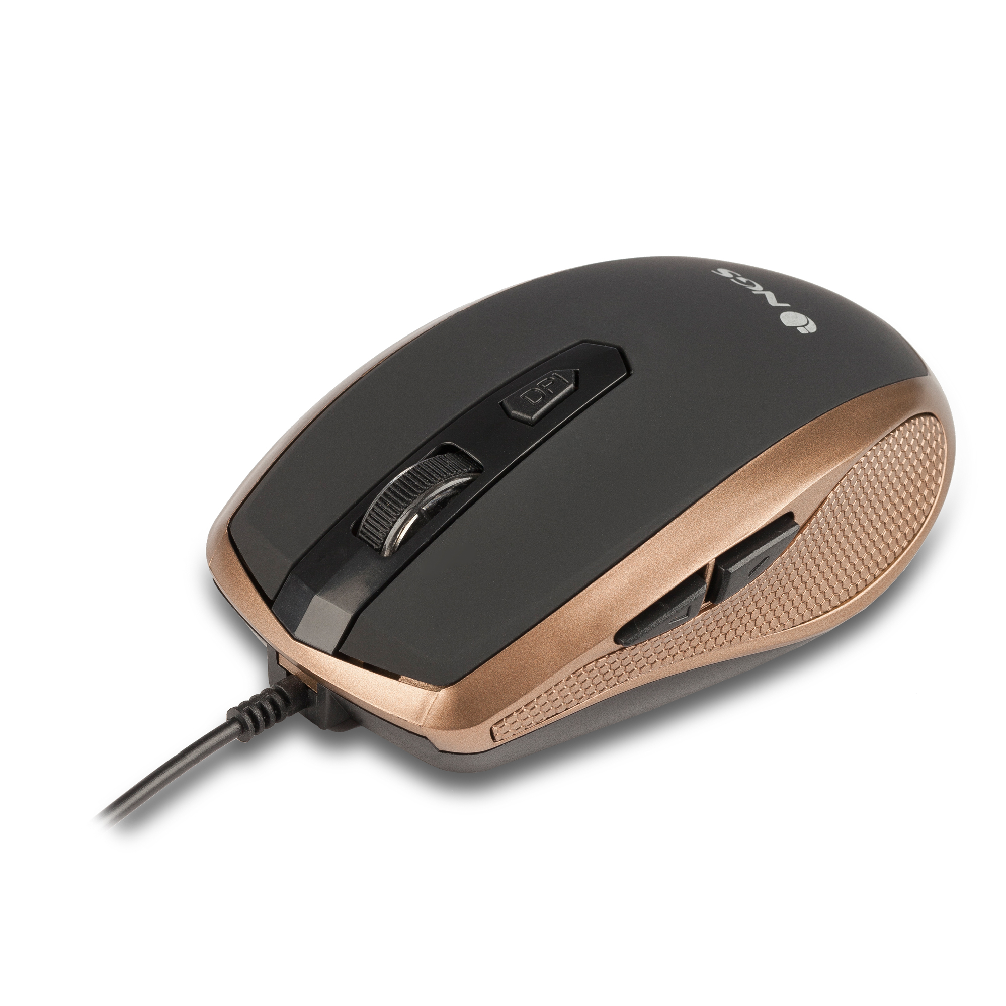 Schwarze und goldene Computermaus mit Scrollrad und DPI-Taste, auf weißem Hintergrund.