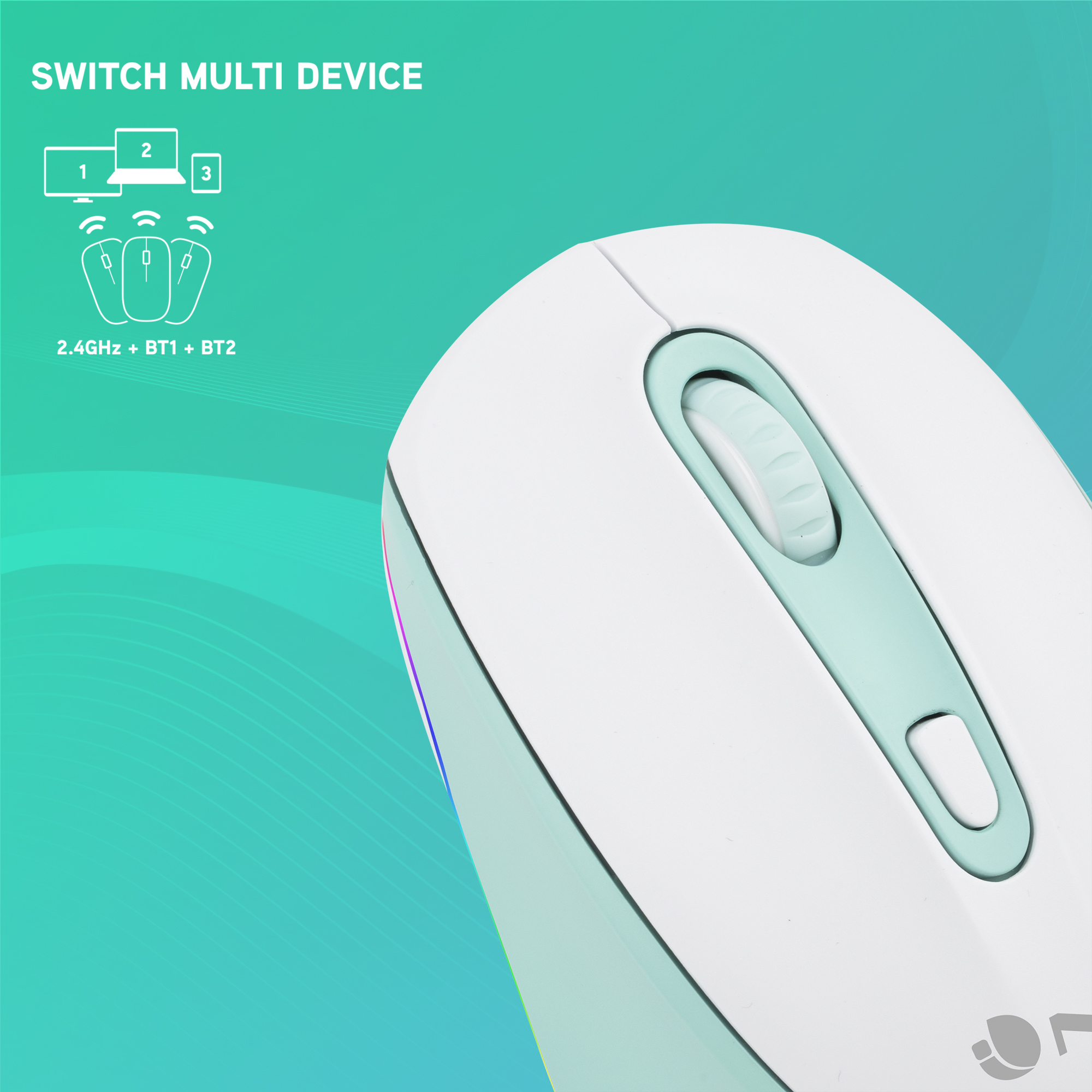 Biało-niebieska mysz. Przyciski dla połączeń 2.4GHz, BT1 i BT2.