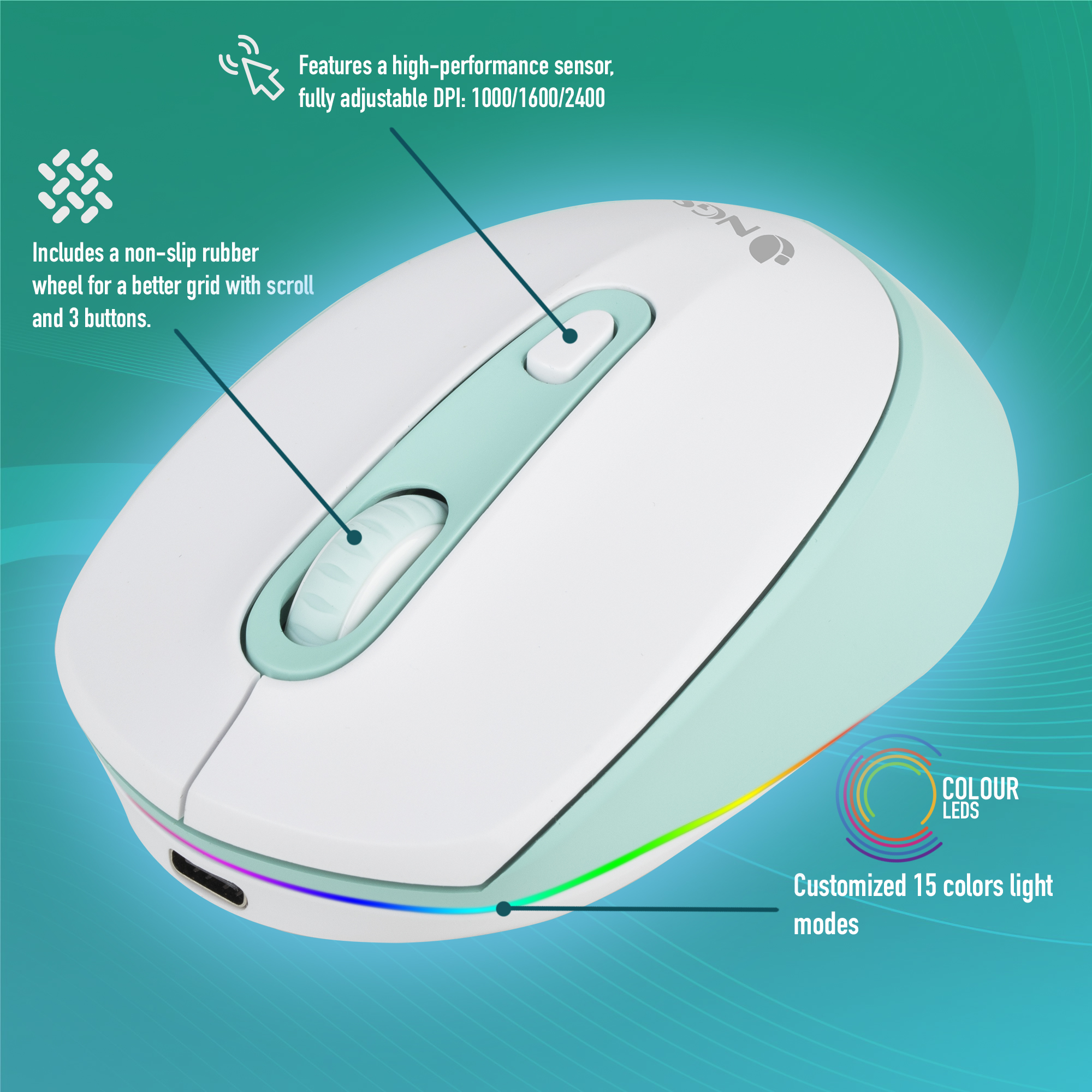 Biało-błękitna mysz. Kółko przewijania, przyciski i kolorowy pasek LED pod spodem.