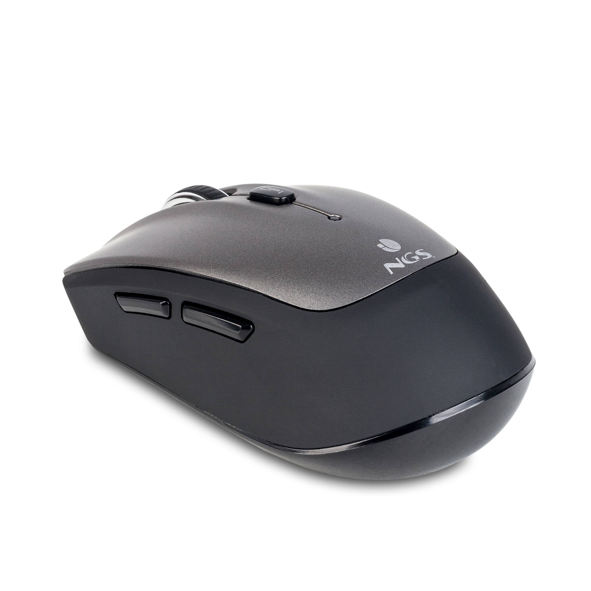 Graue und schwarze Computermaus mit zwei Tasten und einem Scrollrad. Der Markenname 'NGS' ist sichtbar.