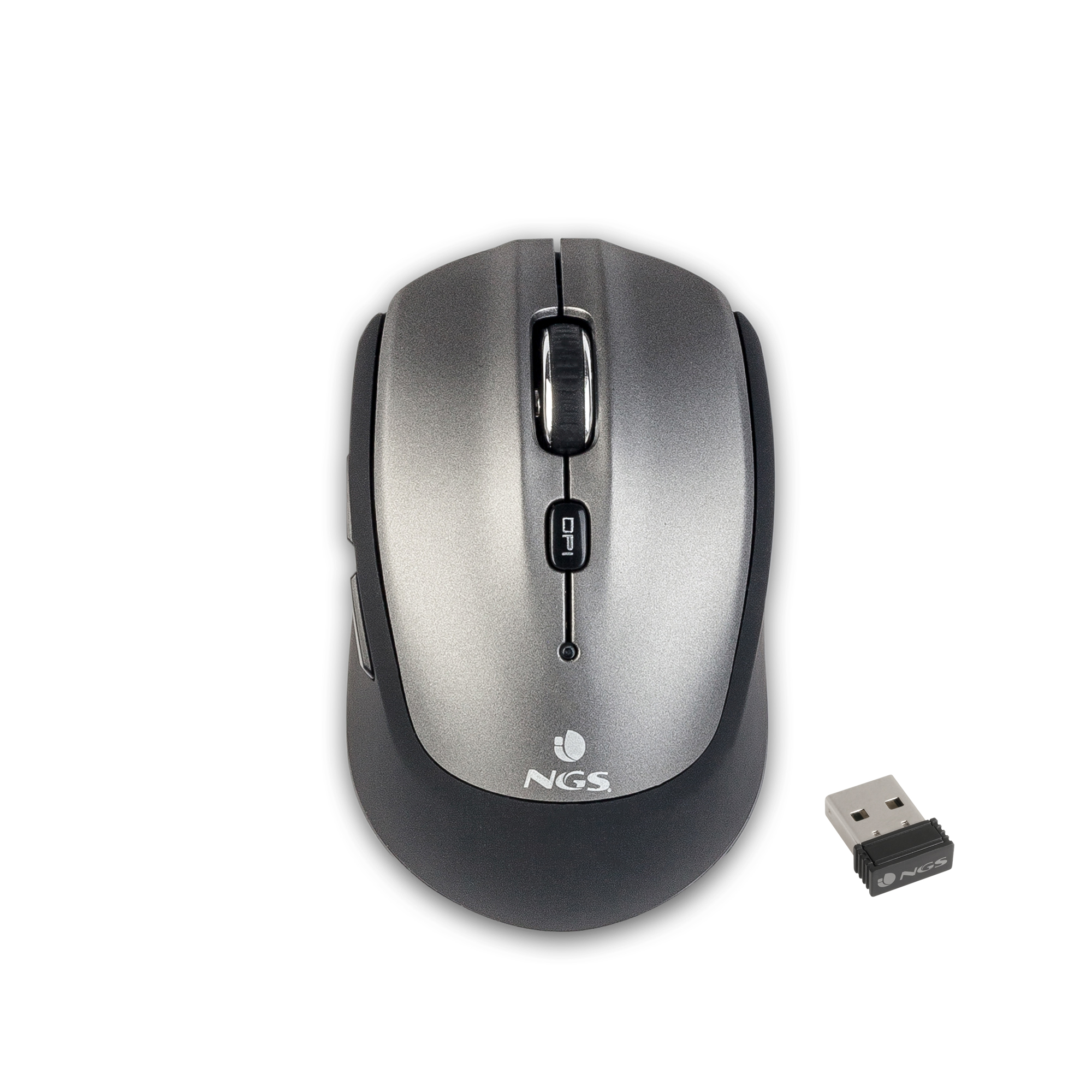 Graue kabellose Maus mit USB-Empfänger auf weißem Untergrund.