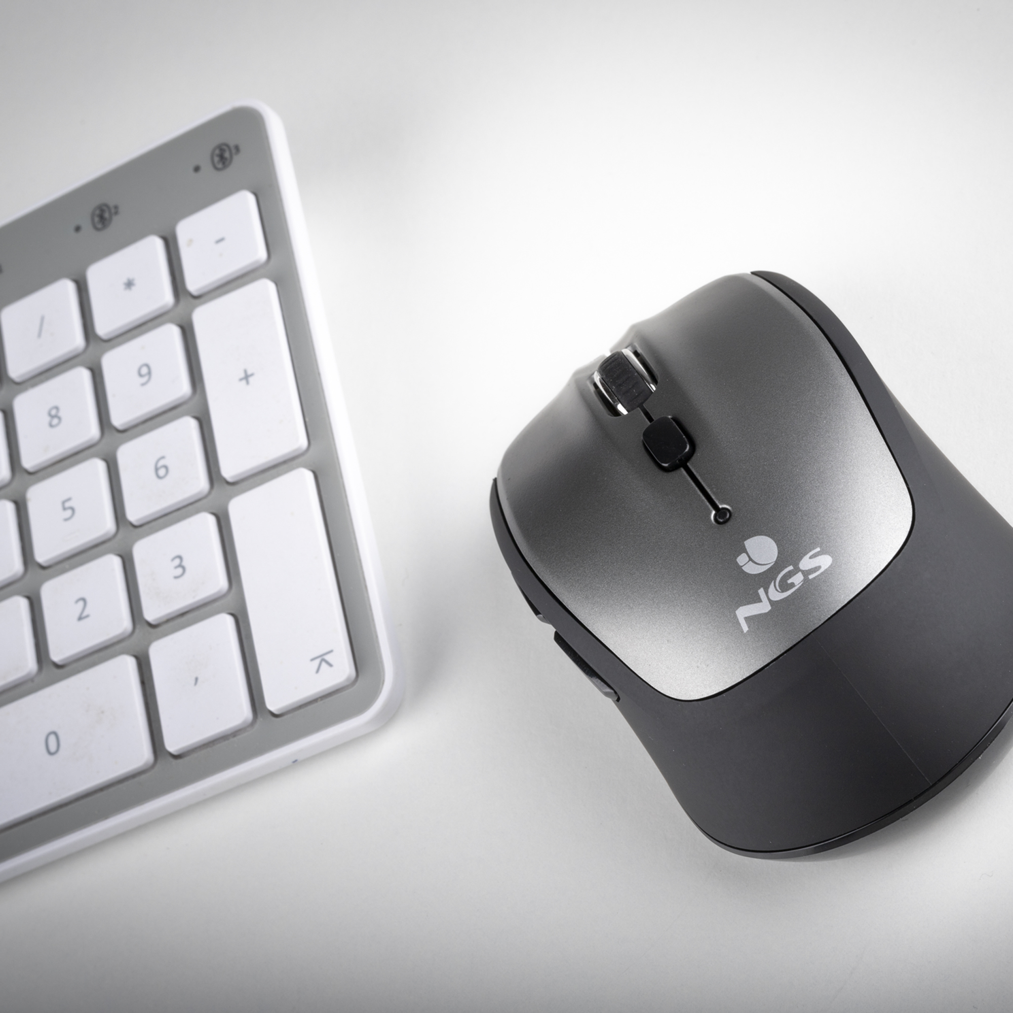 Graue und schwarze Maus und eine weiße Tastatur. Weißer Hintergrund.