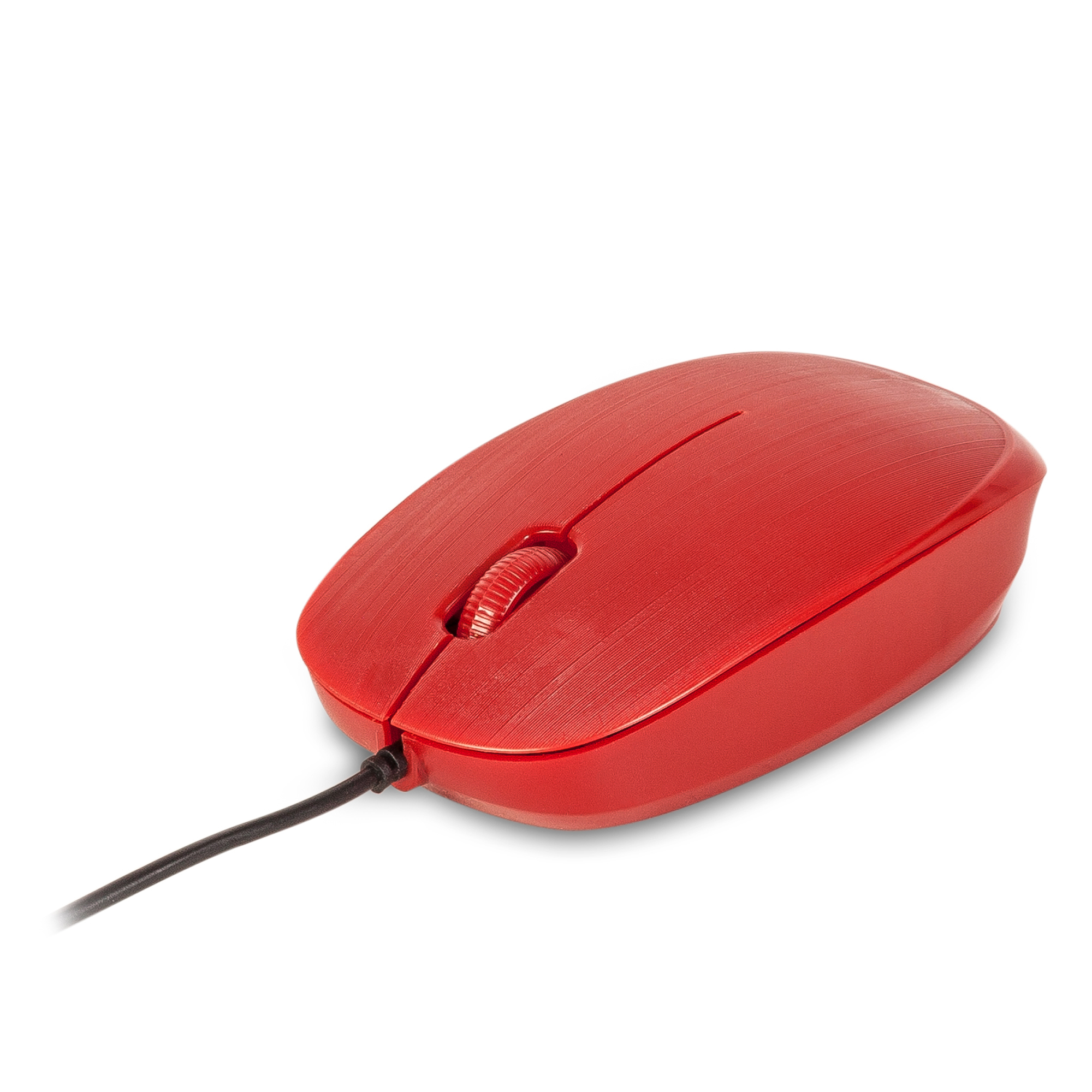 Eine rote Computermaus mit einem Scrollrad und einem schwarzen Kabelanschluss.