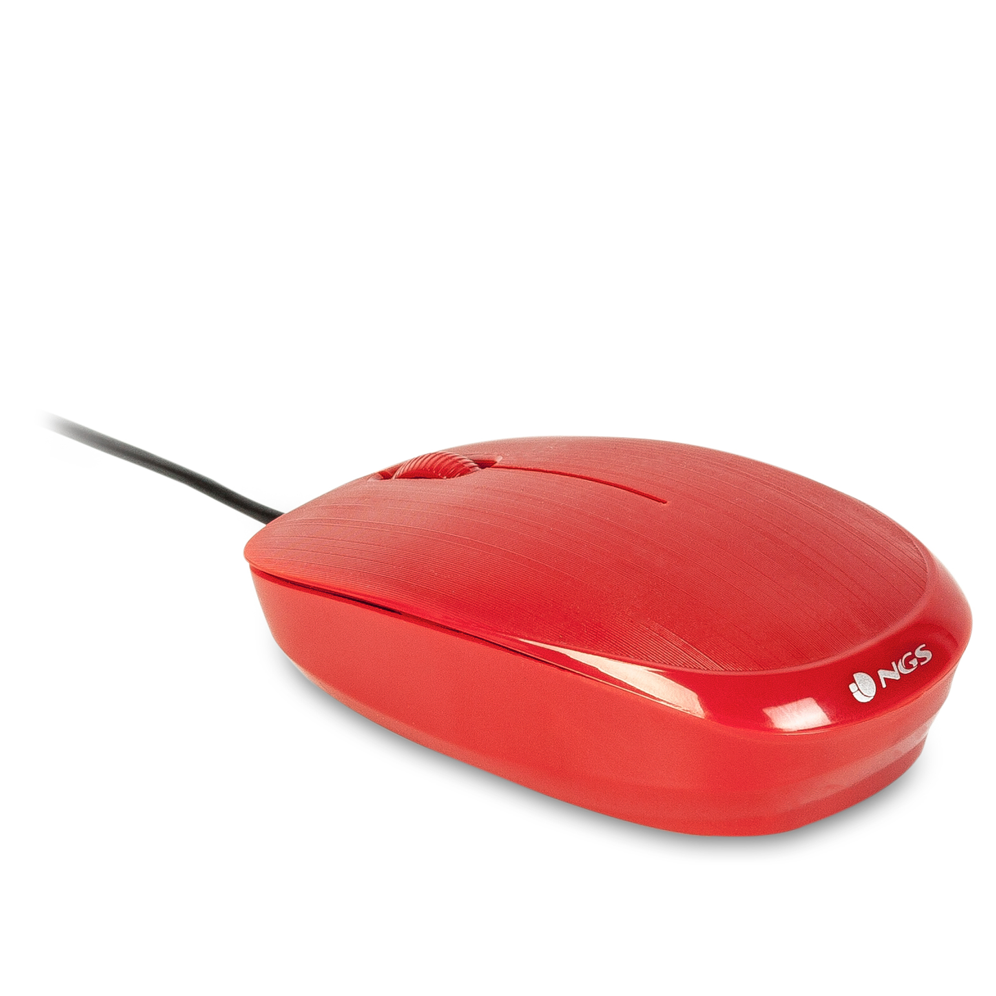 Rote Computermaus mit NGS-Logo und schwarzem Kabel.