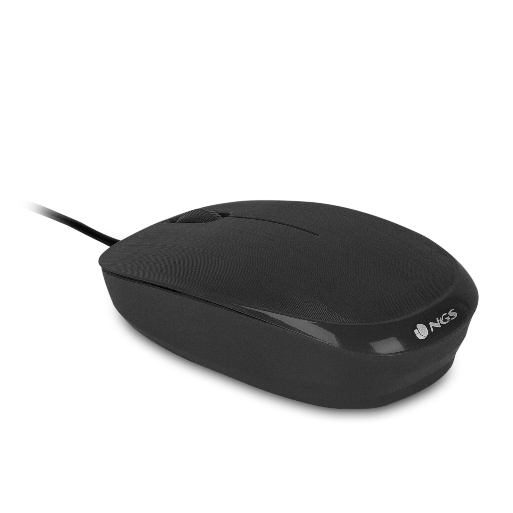 Eine schwarze NGS-Maus auf weißem Untergrund. Die Maus hat ein Scrollrad.