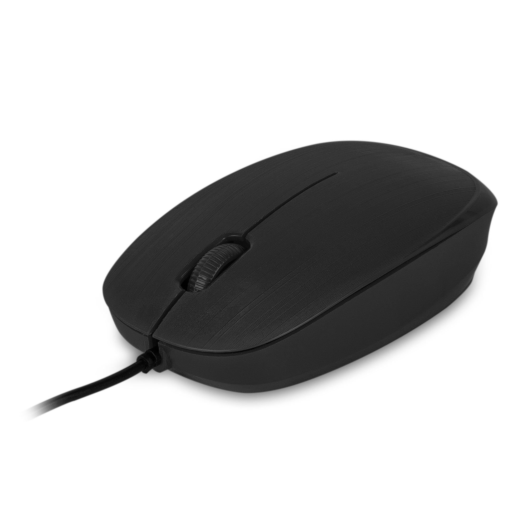 Schwarze Computermaus mit Scrollrad und Kabel, auf weißem Hintergrund.