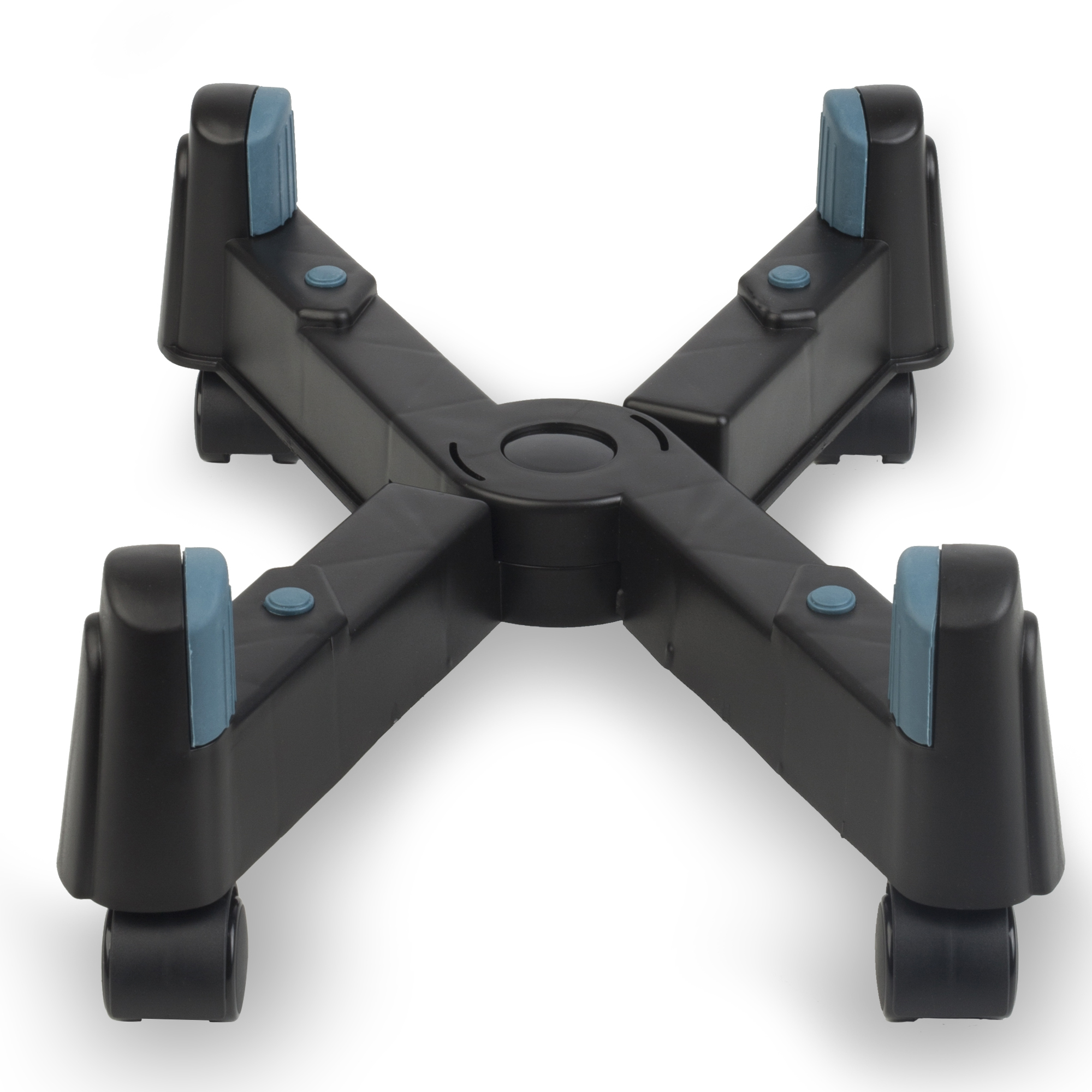 Soporte negro con soportes azules para muebles u objetos.