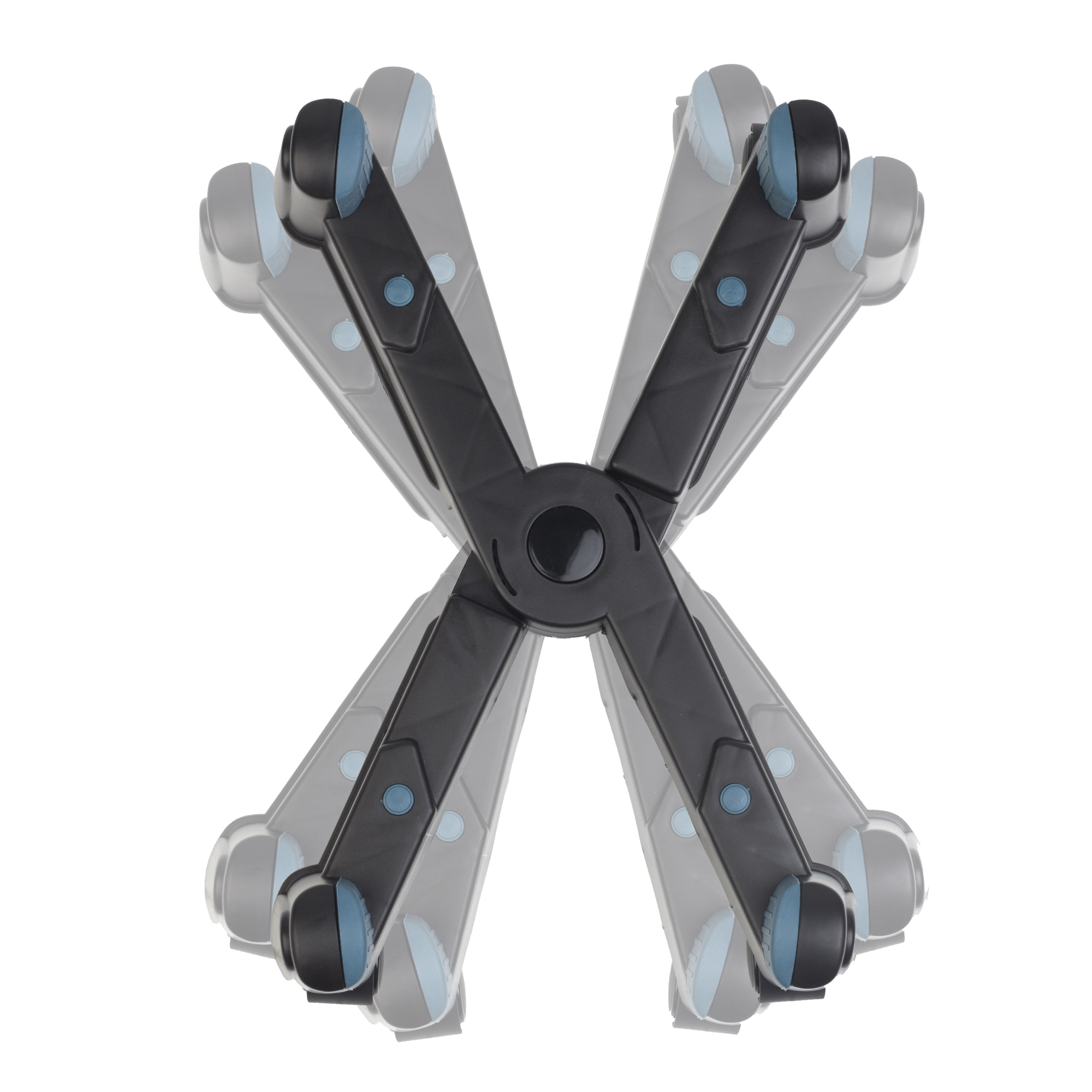 Un soporte en forma de X, negro y azul. Fondo blanco.