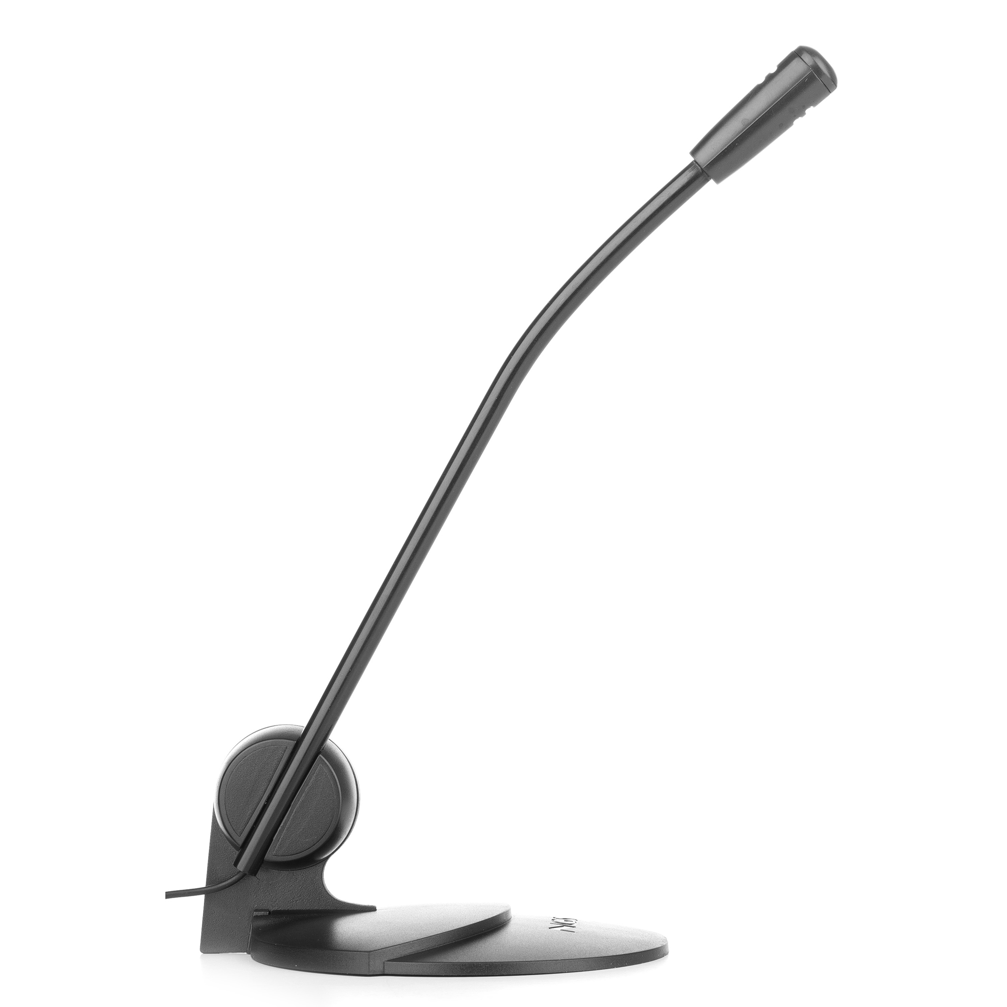 Microfono a collo di cigno nero su sfondo bianco, con una base.